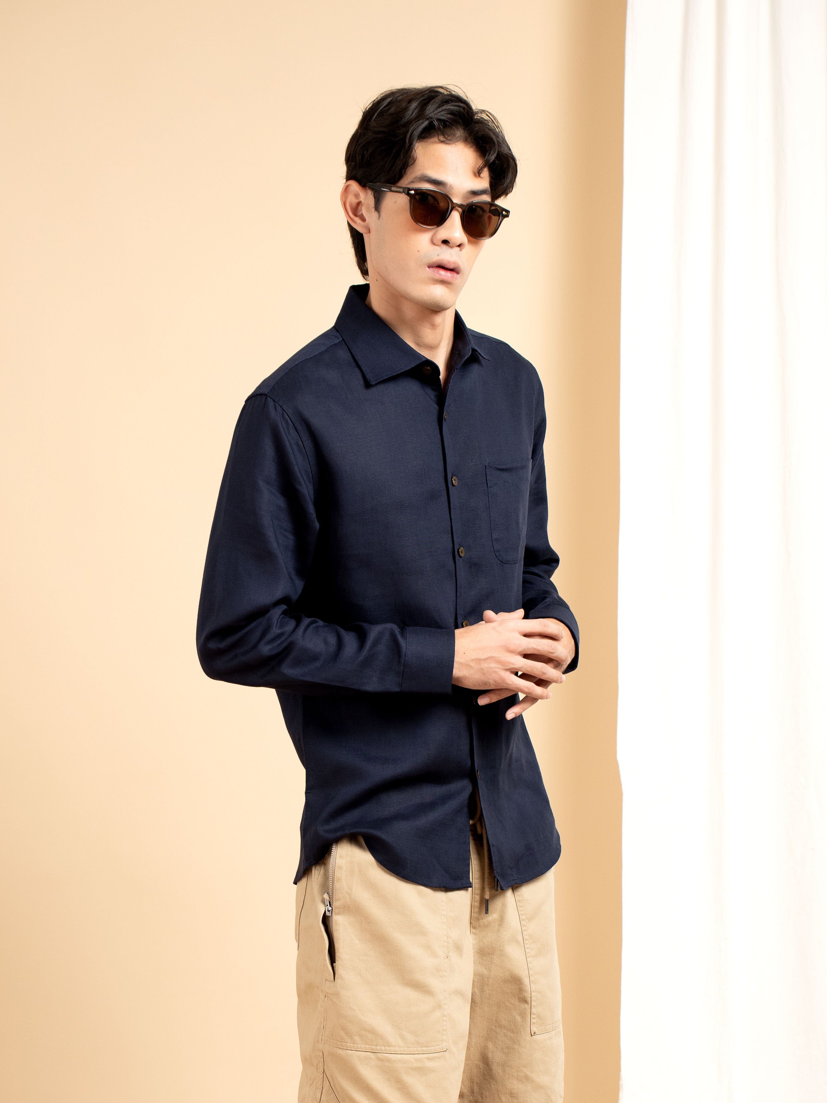 Vance Linen Shirt - Navy Blue Windsor Collar