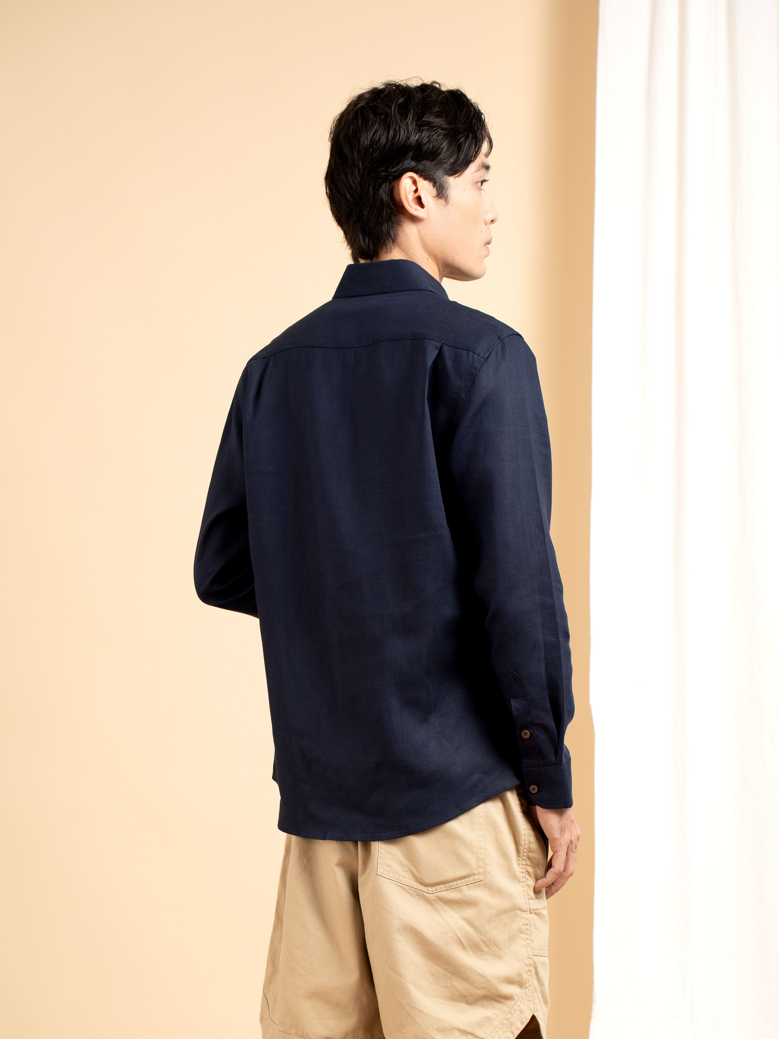 Vance Linen Shirt - Navy Blue Windsor Collar