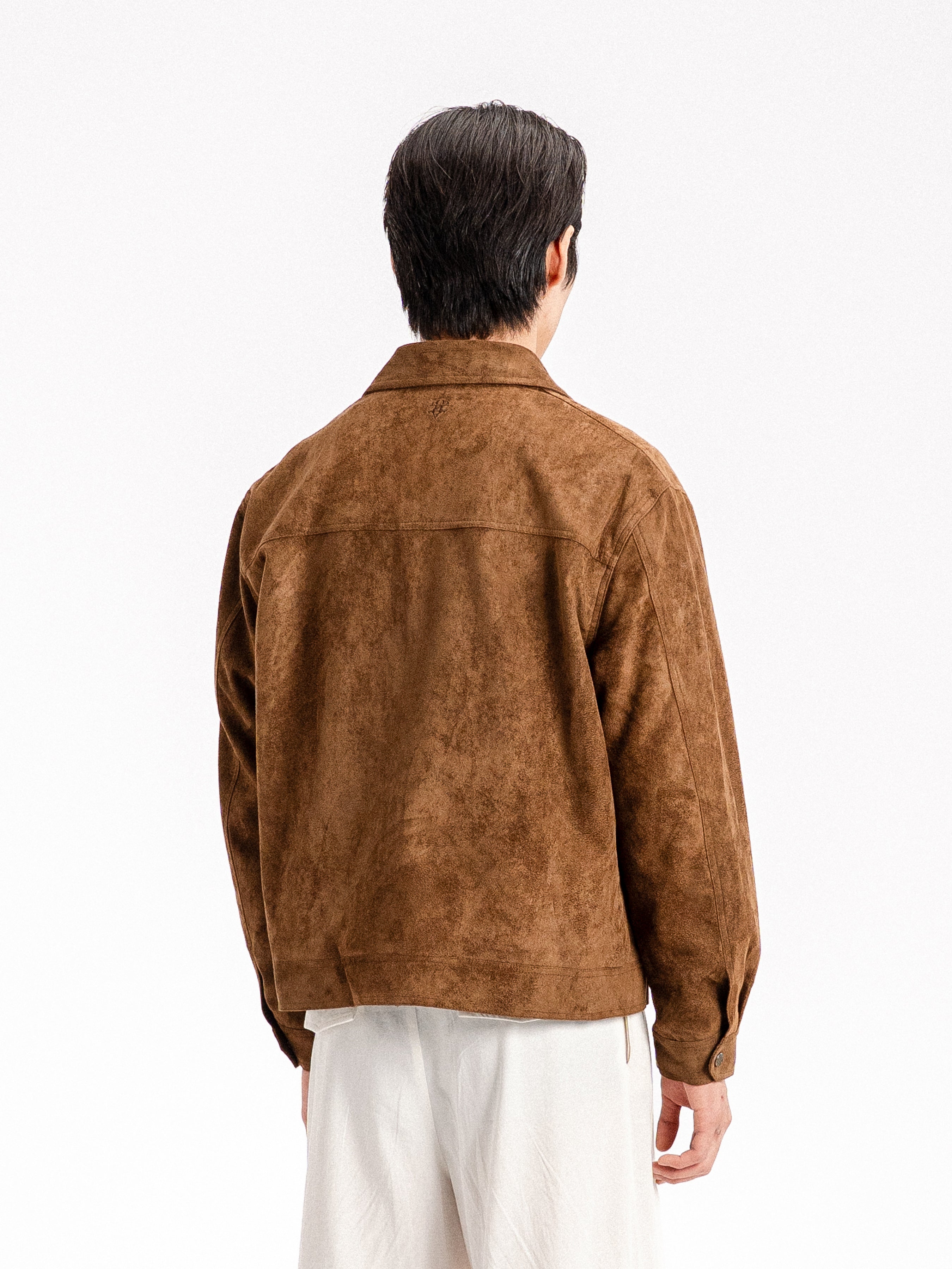Men's brown suede jacket back view, stylish casual outerwear for Malaysia fashion