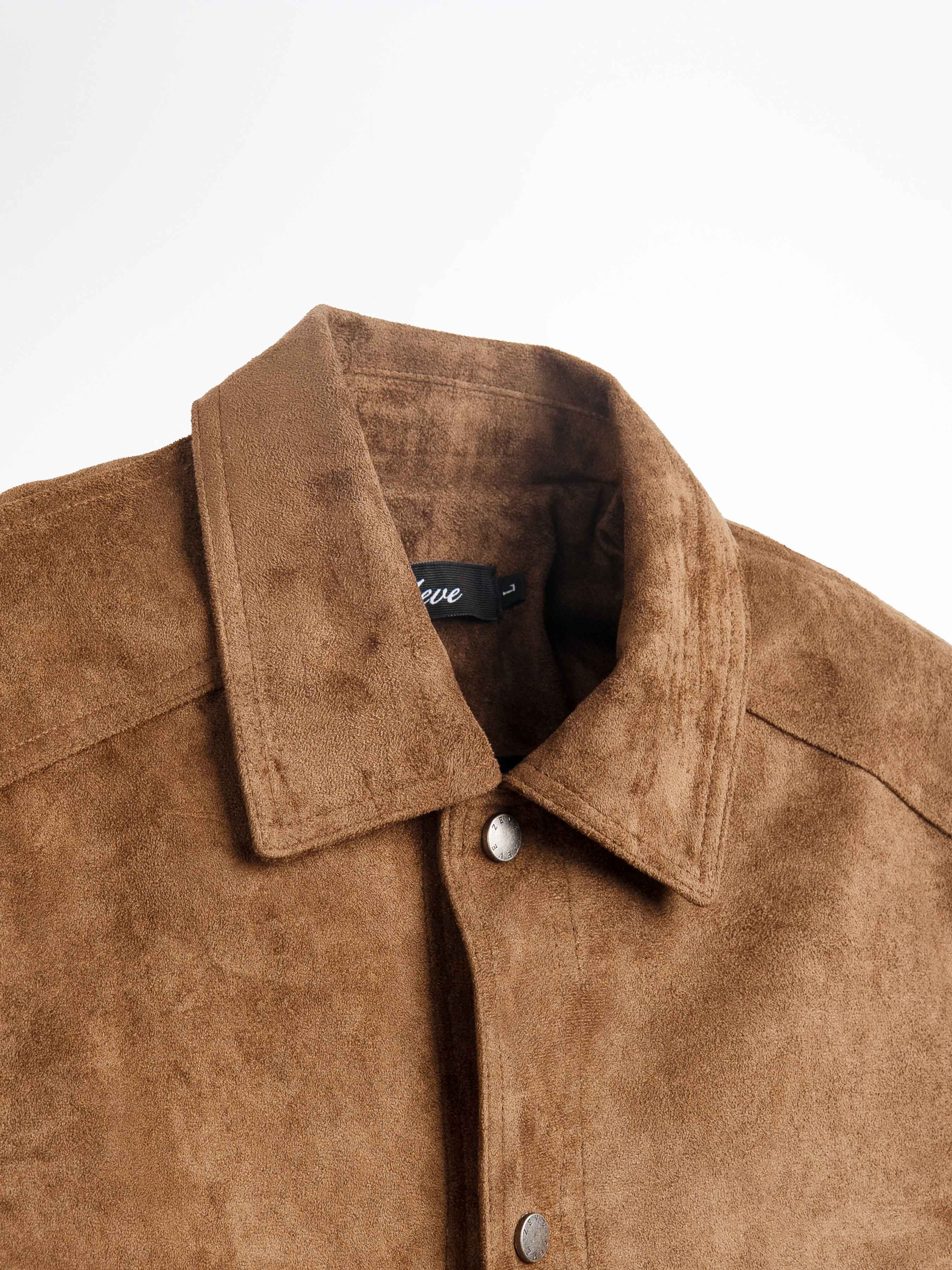 Brown suede men's jacket with collar and button detail, stylish apparel for men