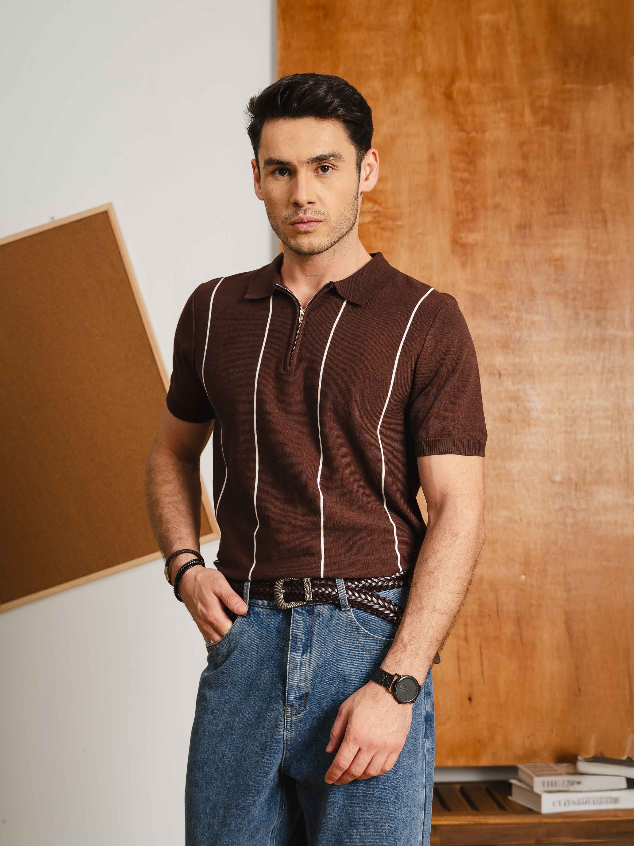 ZeccaStripeKnitTeeCoffeeQuarter-Zip6 - Zeve
