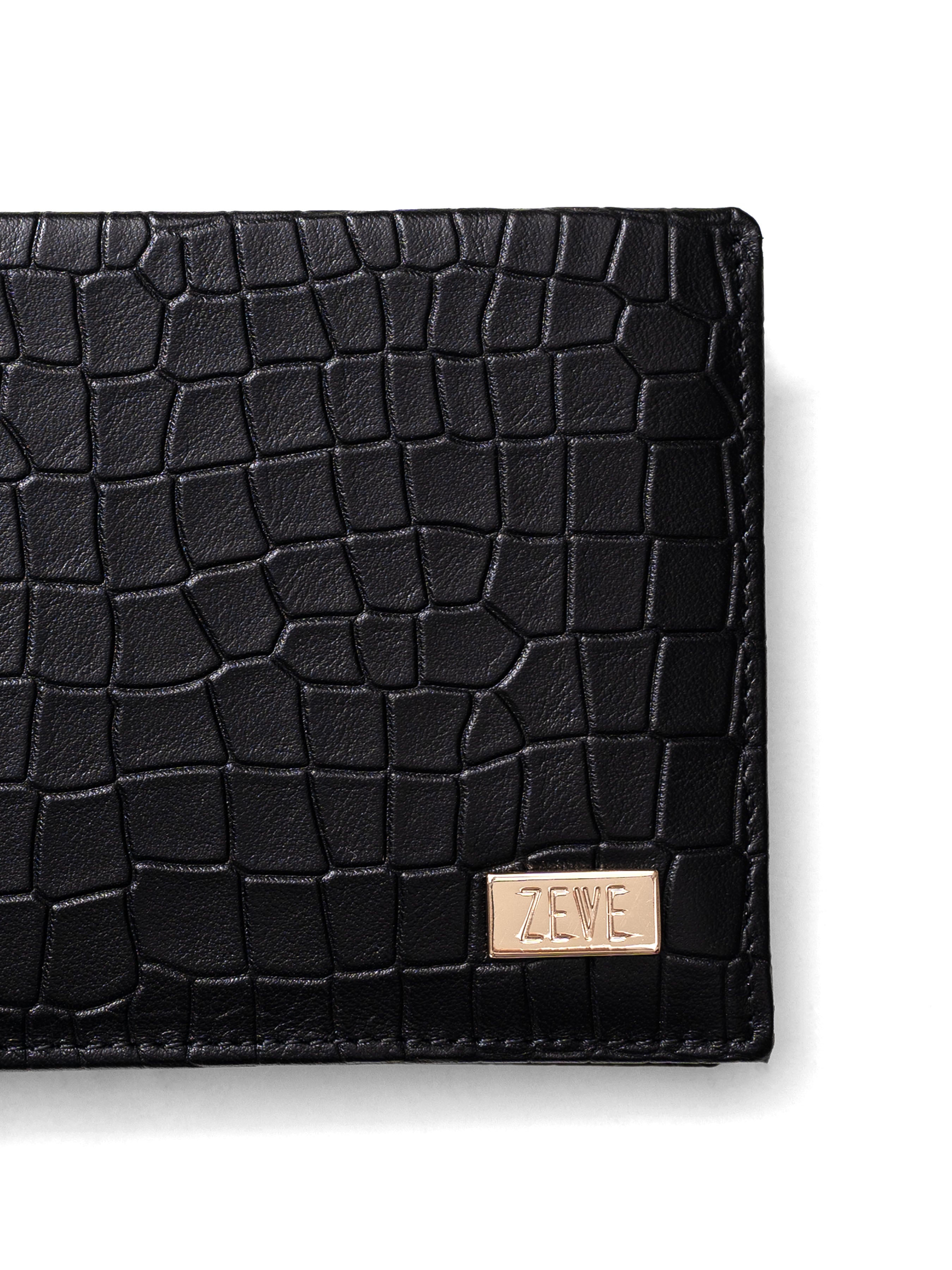 Zeve Bifold Wallet with Card Holder - Black Croco Leather