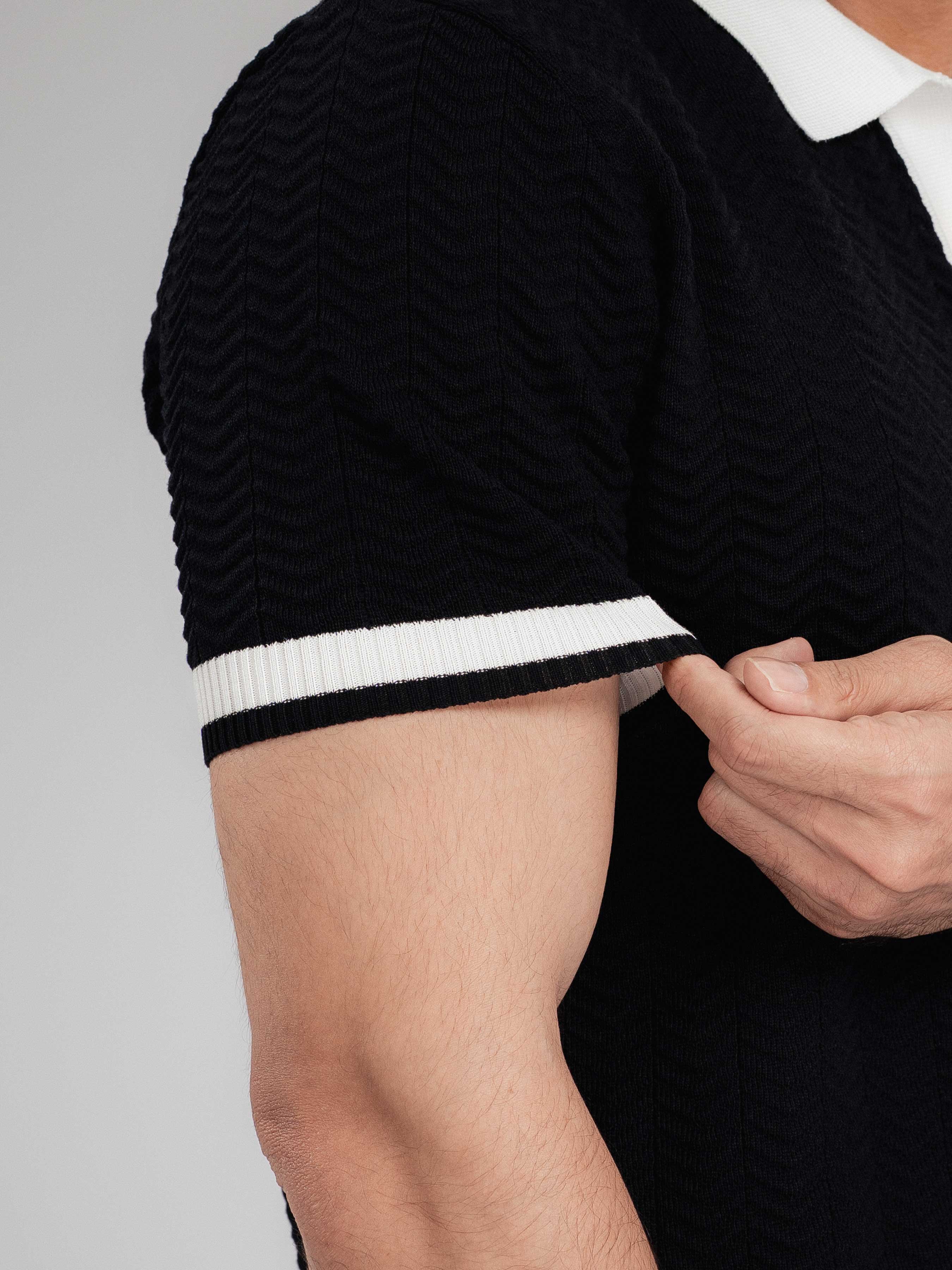 Zita Wave Knit Tee - Black Open Collar