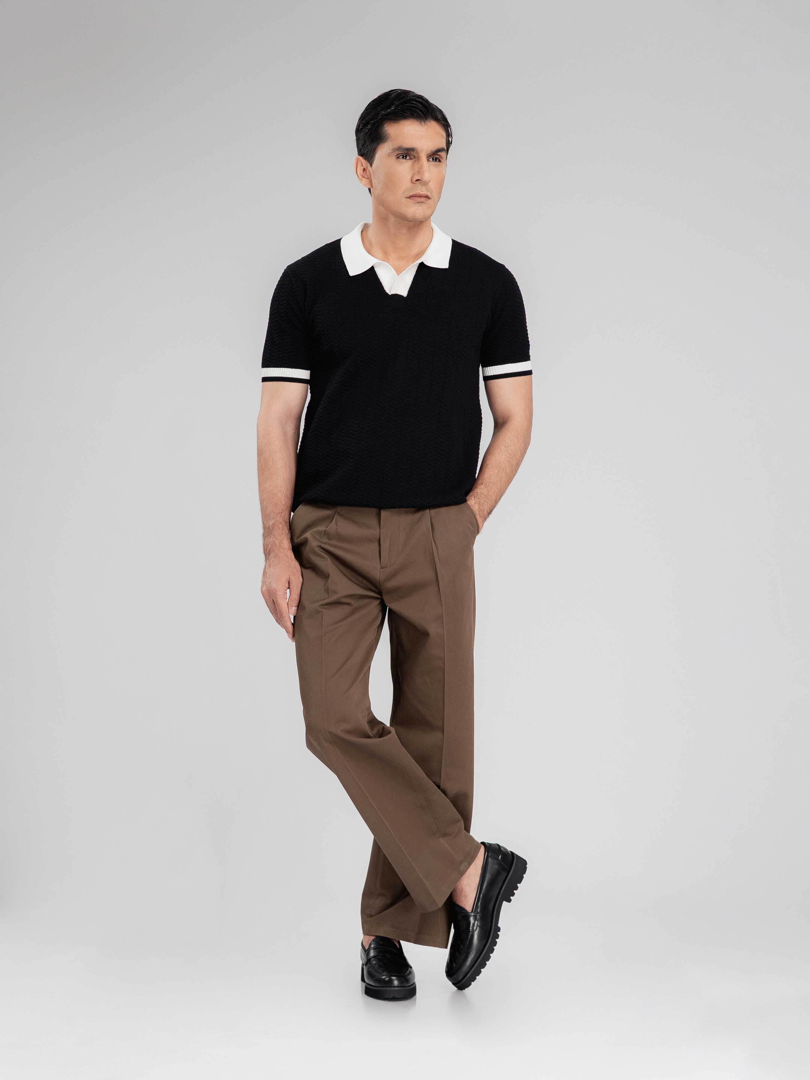 Zita Wave Knit Tee - Black Open Collar