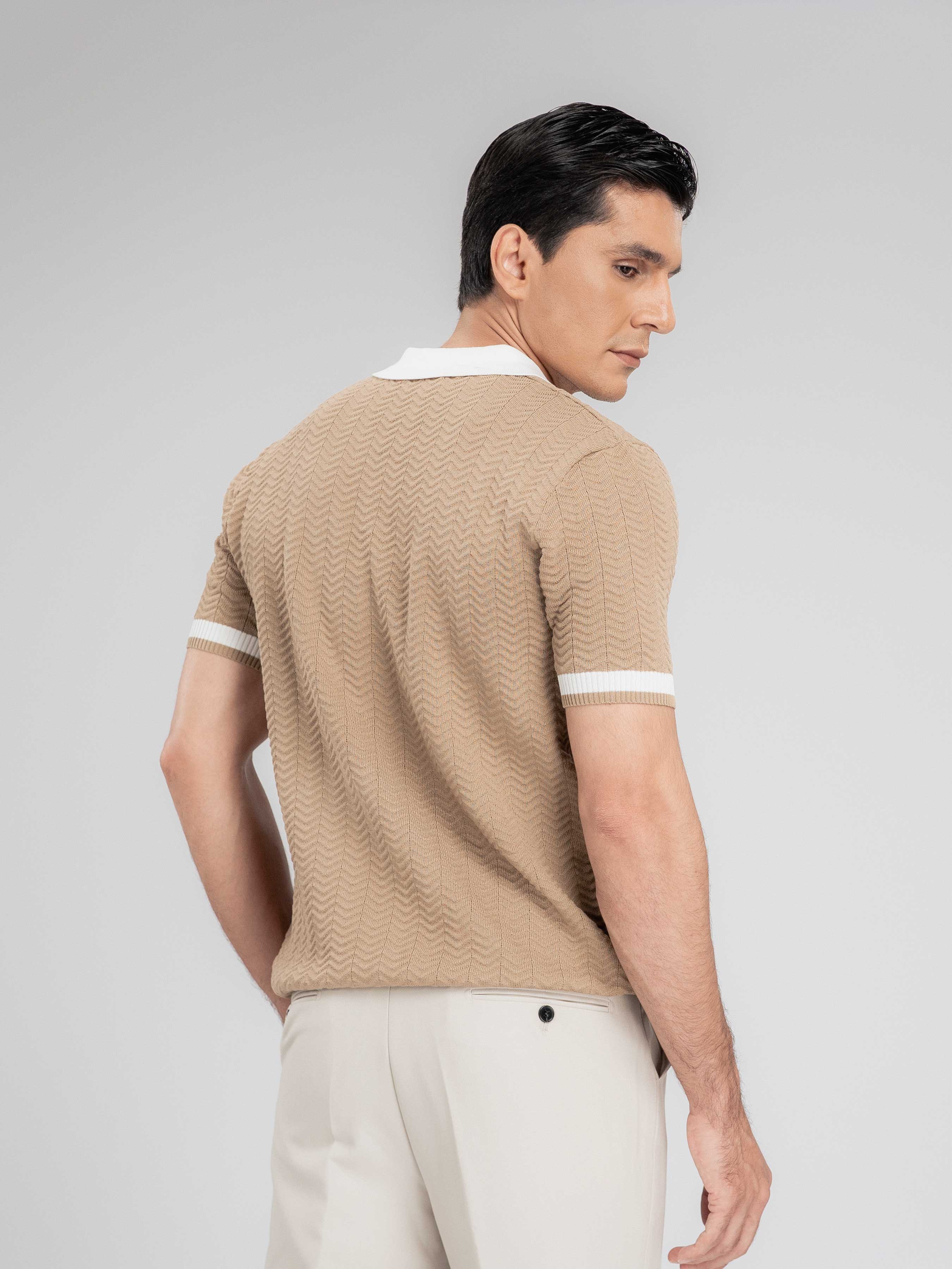 Zita Wave Knit Tee - Khaki Open Collar