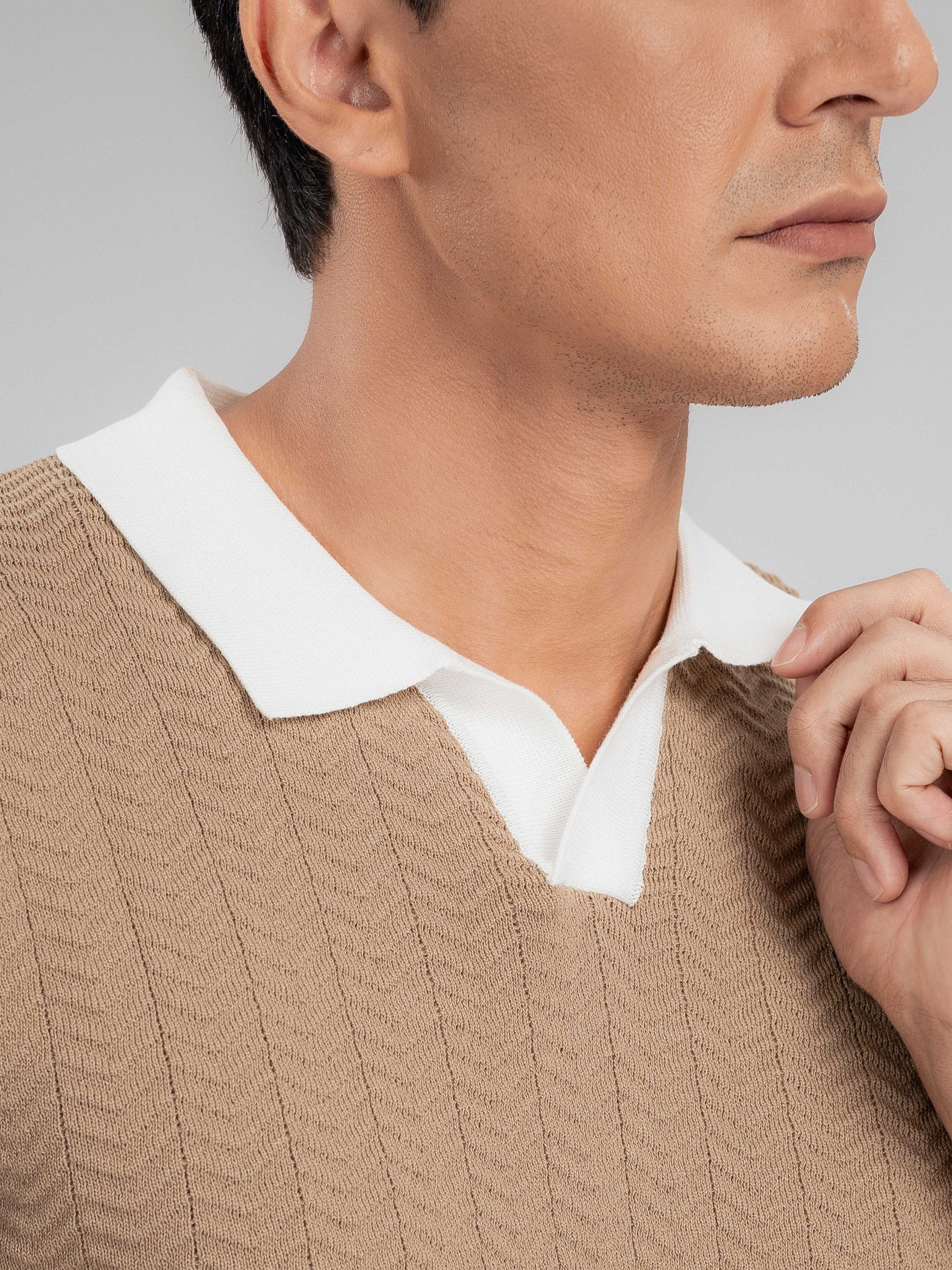 Zita Wave Knit Tee - Khaki Open Collar