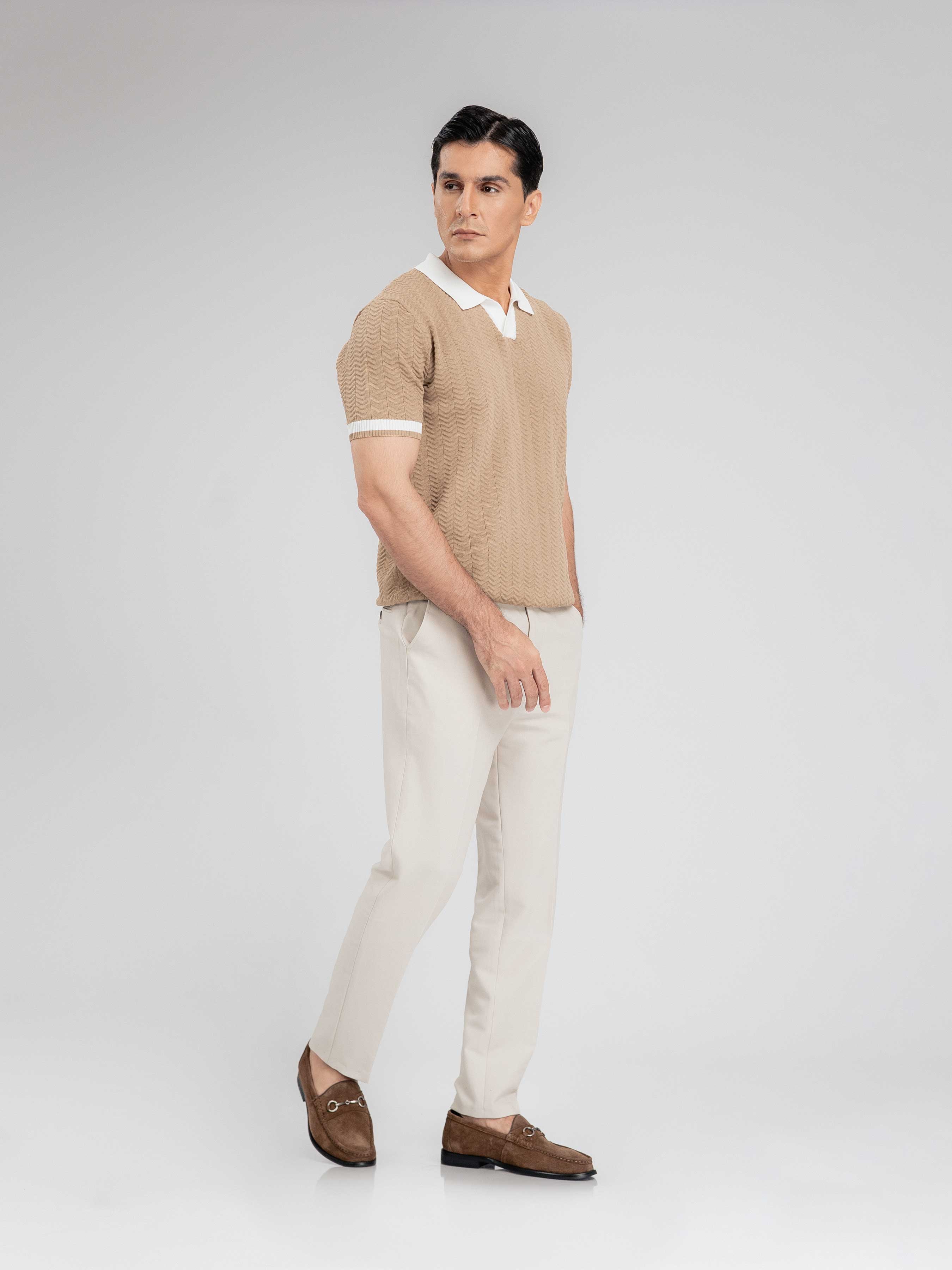 Zita Wave Knit Tee - Khaki Open Collar