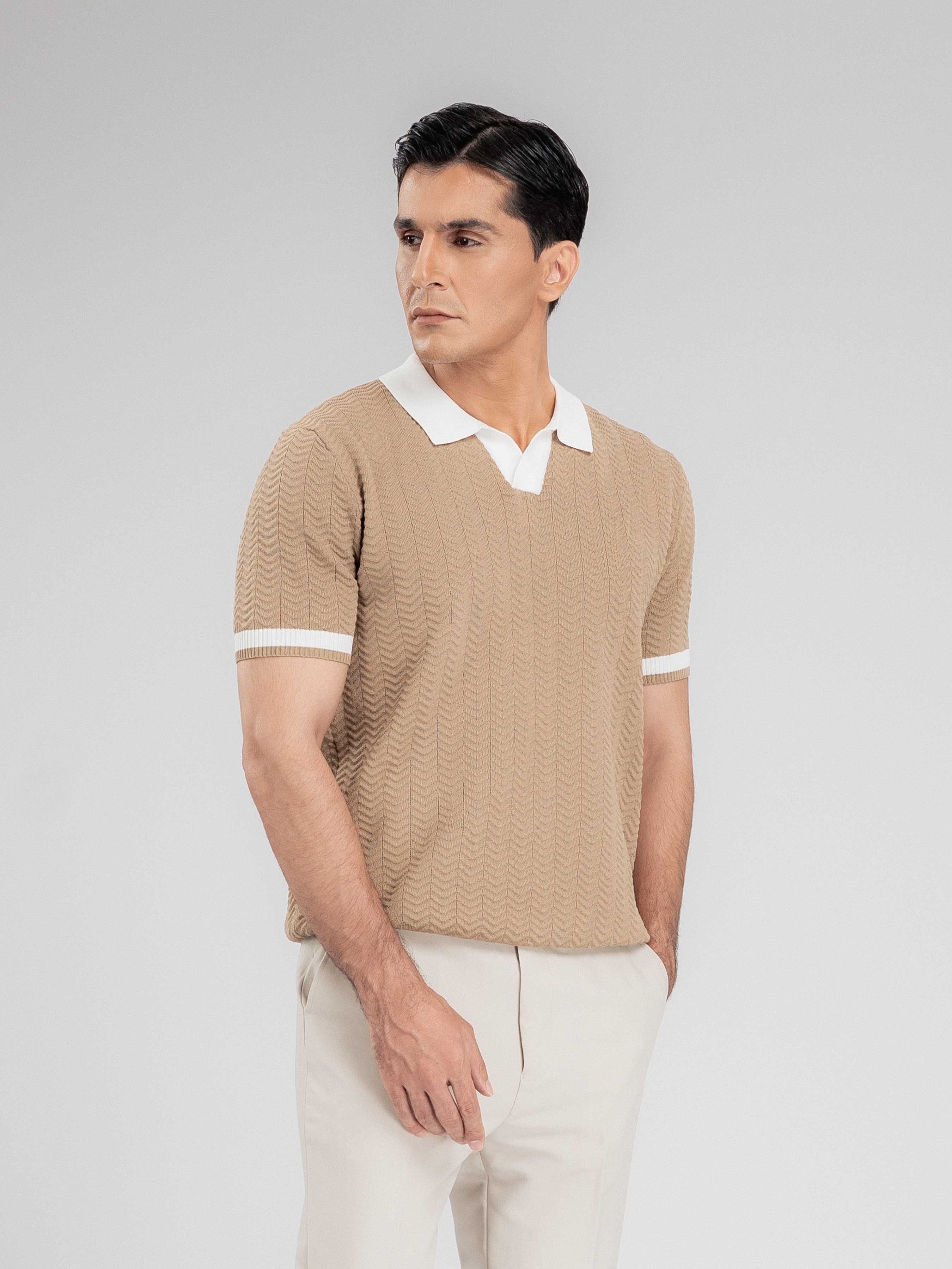 Zita Wave Knit Tee - Khaki Open Collar