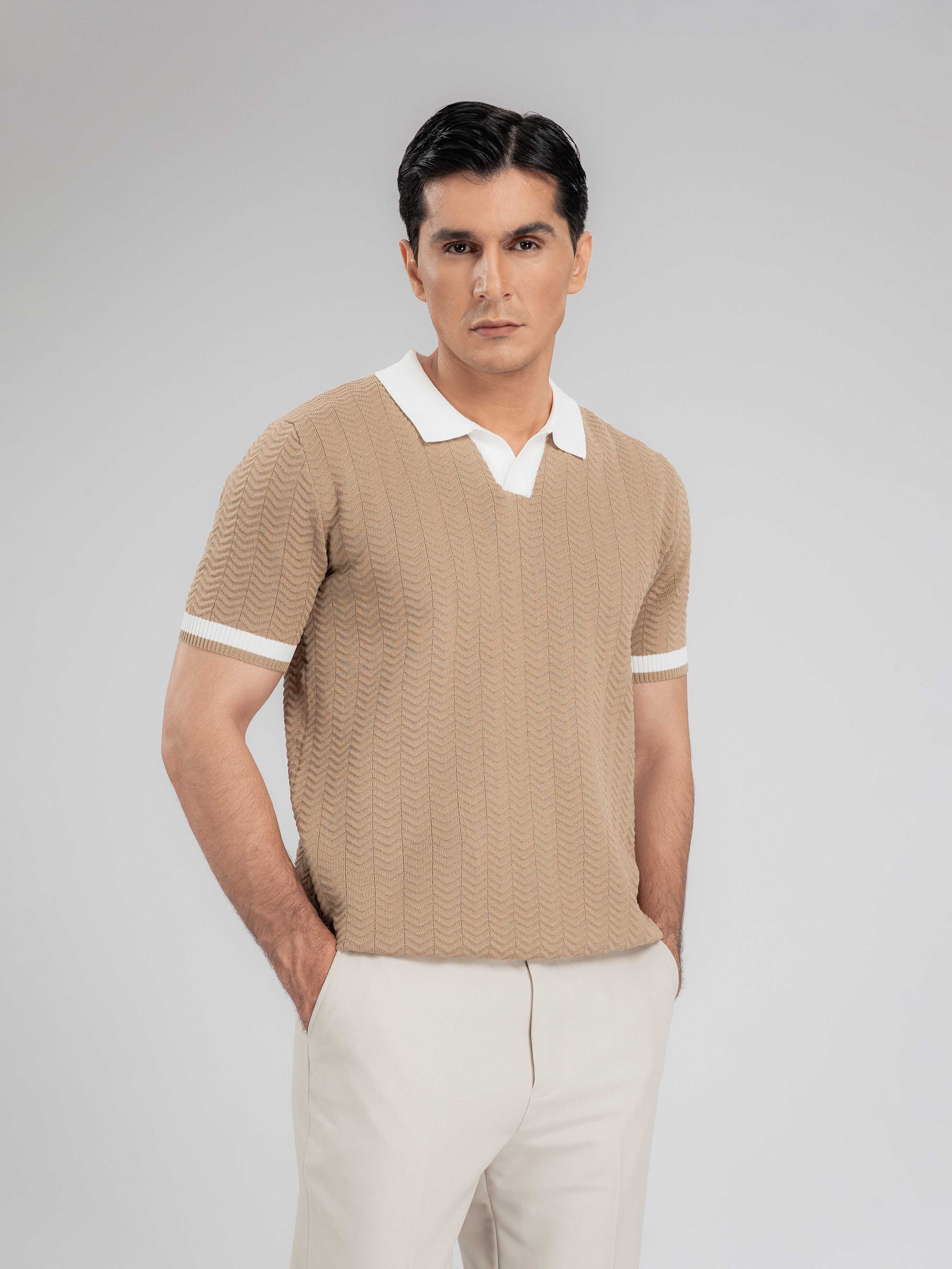 ZitaWaveKnitTeeKhakiOpenCollarMain - Zeve