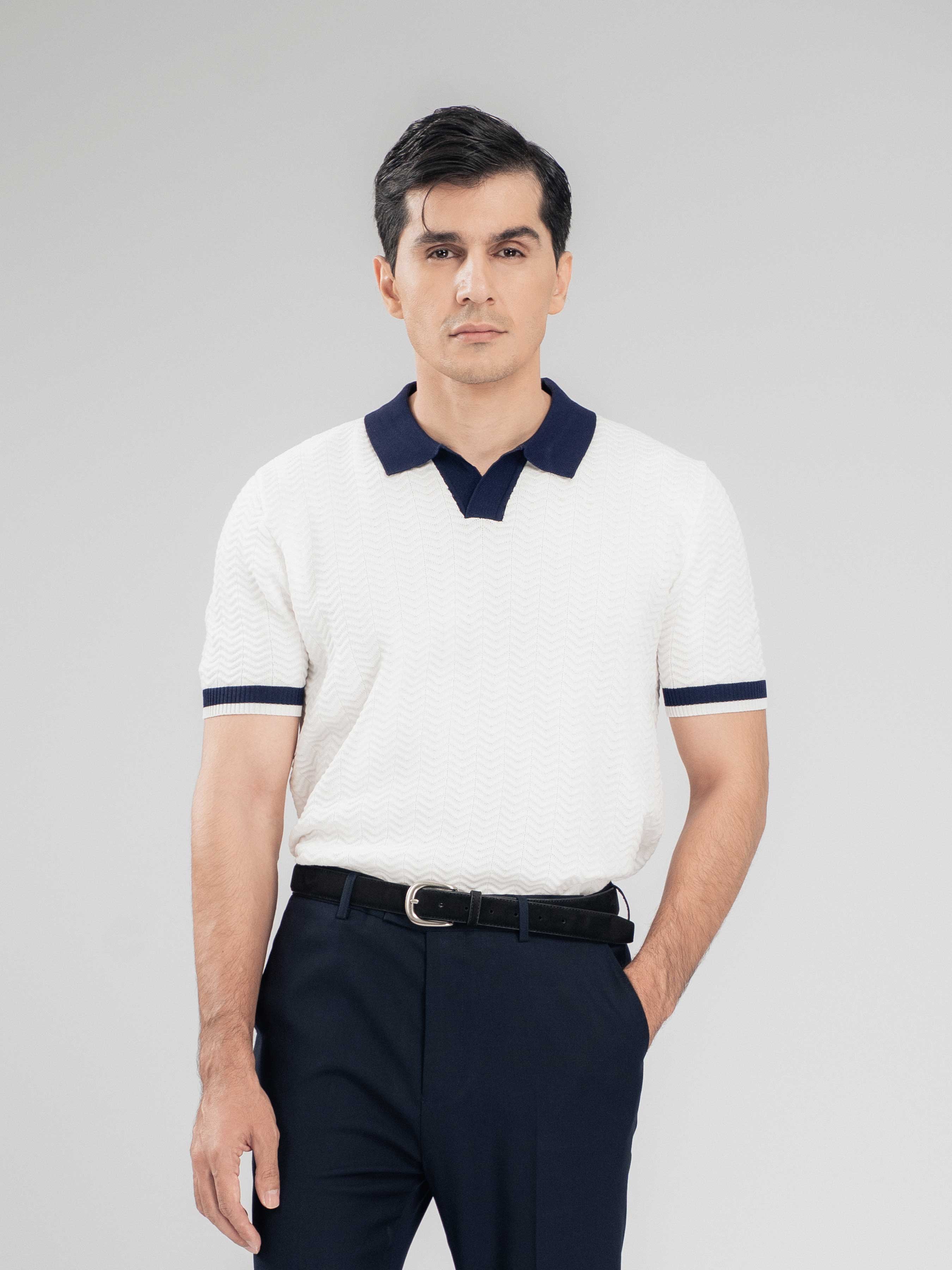 Zita Wave Knit Tee - White Open Collar