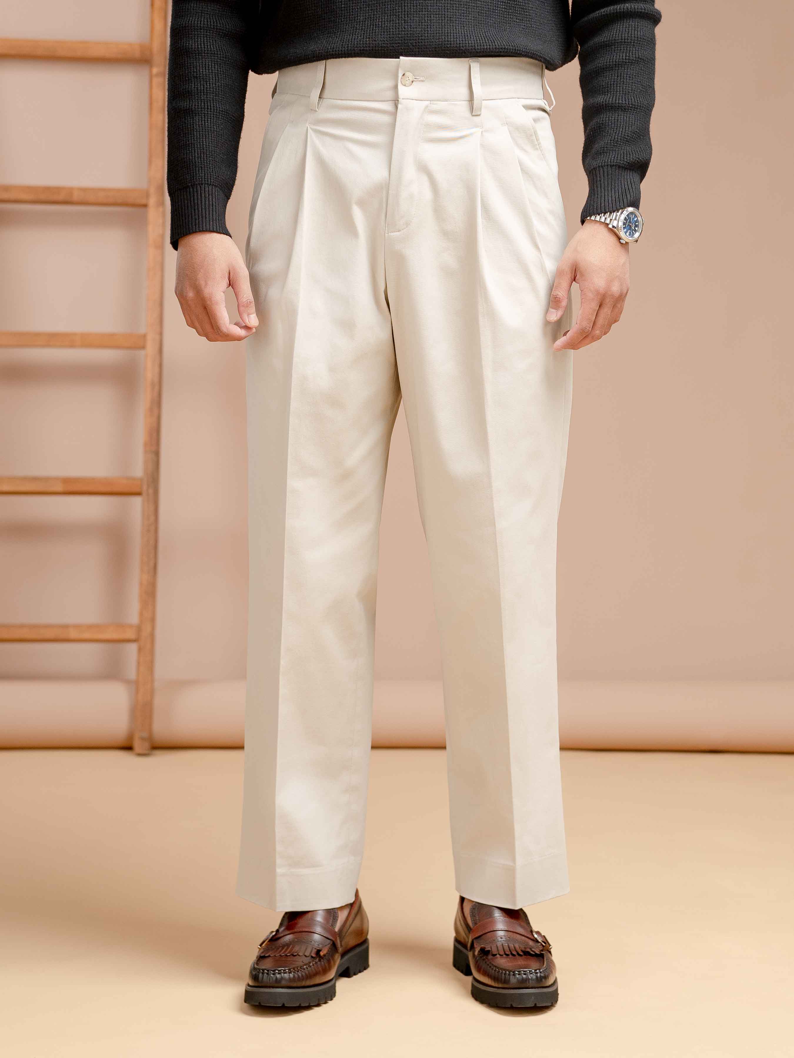 Venezia Pleated Trousers - Beige Apricot (Wide Fit)