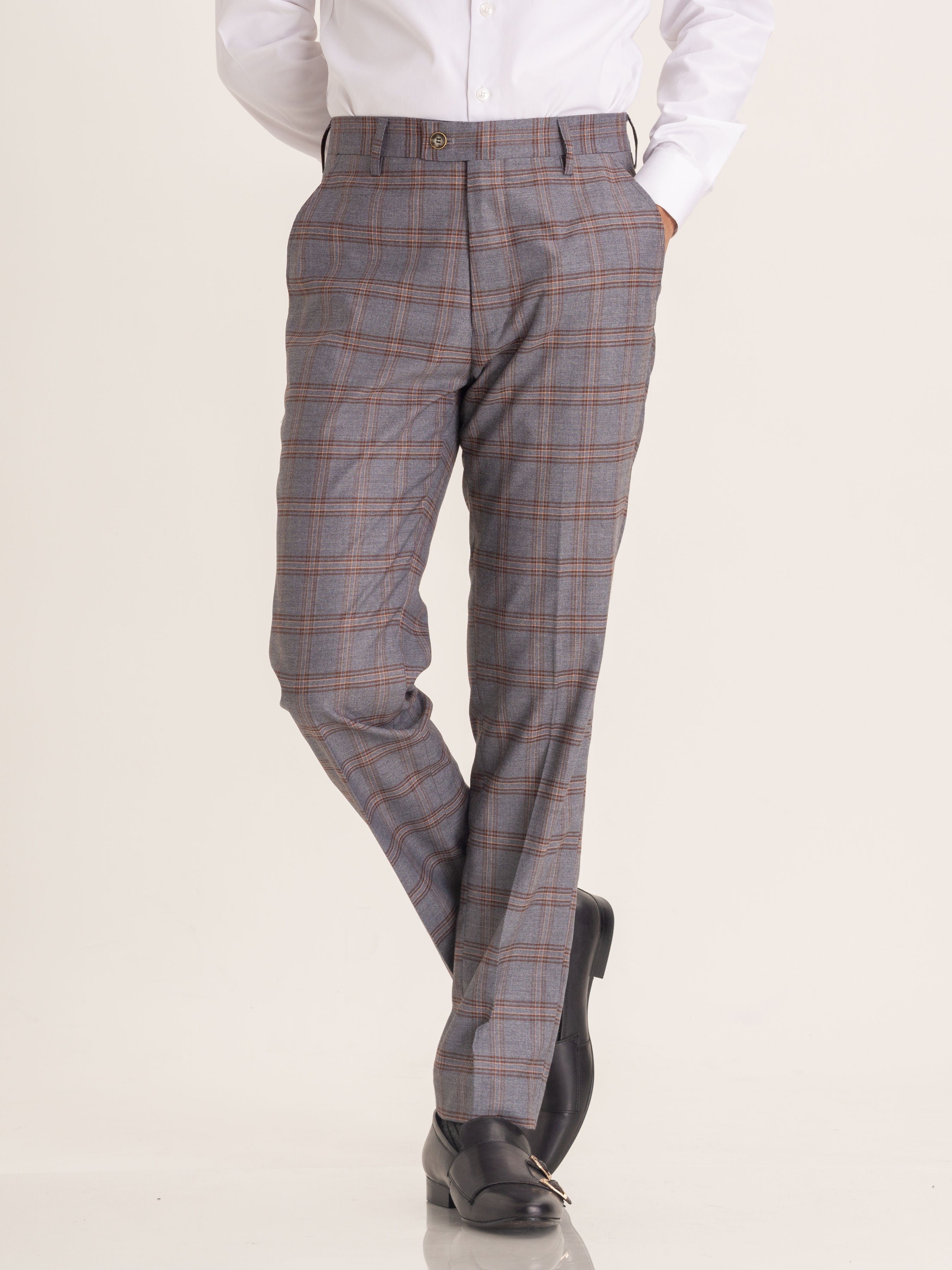 Trousers With Belt Loop - Grey with Brown Checkered (Stretchable) - Zeve Shoes