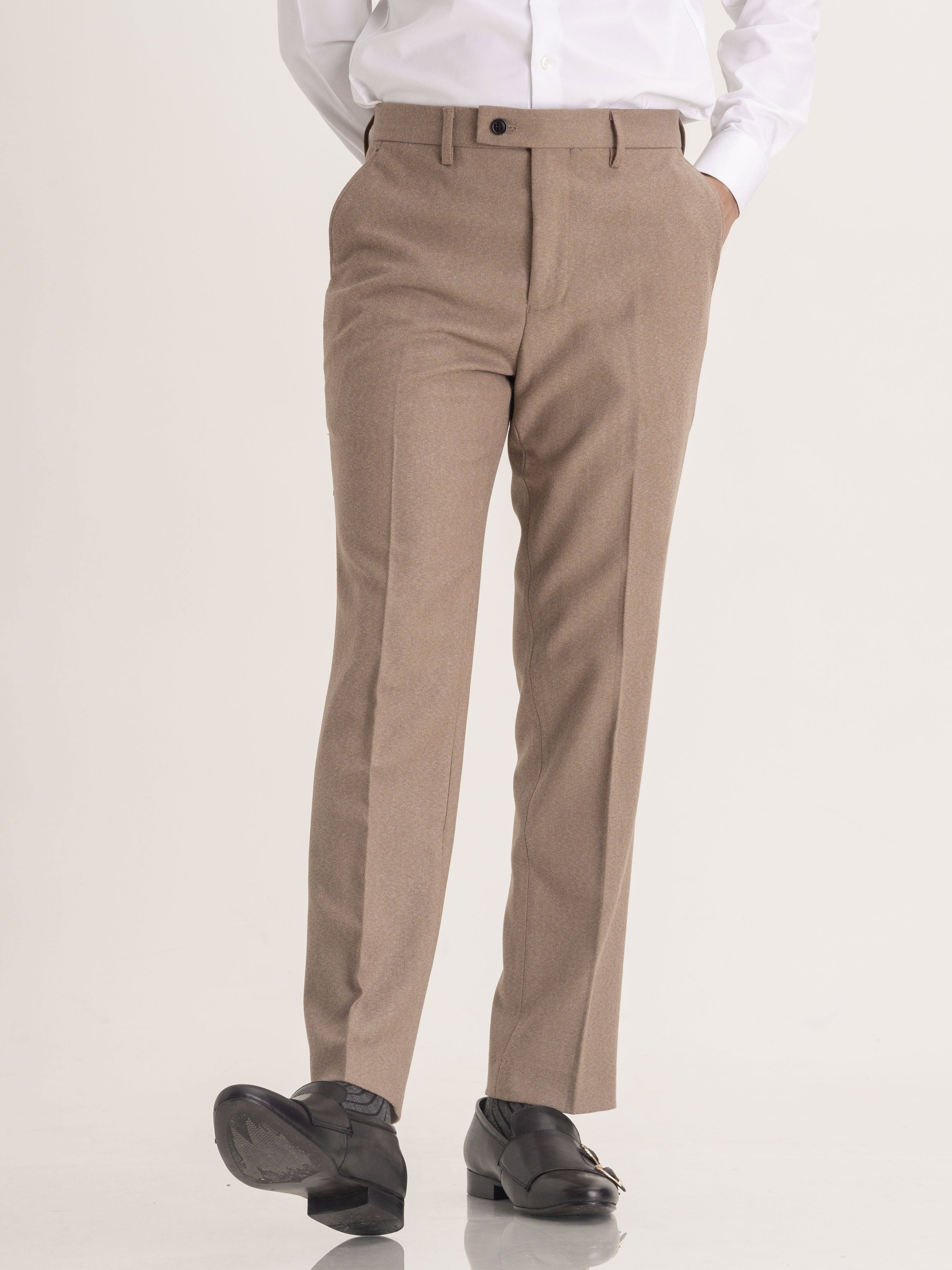 Trousers With Belt Loop - Light Brown Plain (Stretchable) - Zeve Shoes