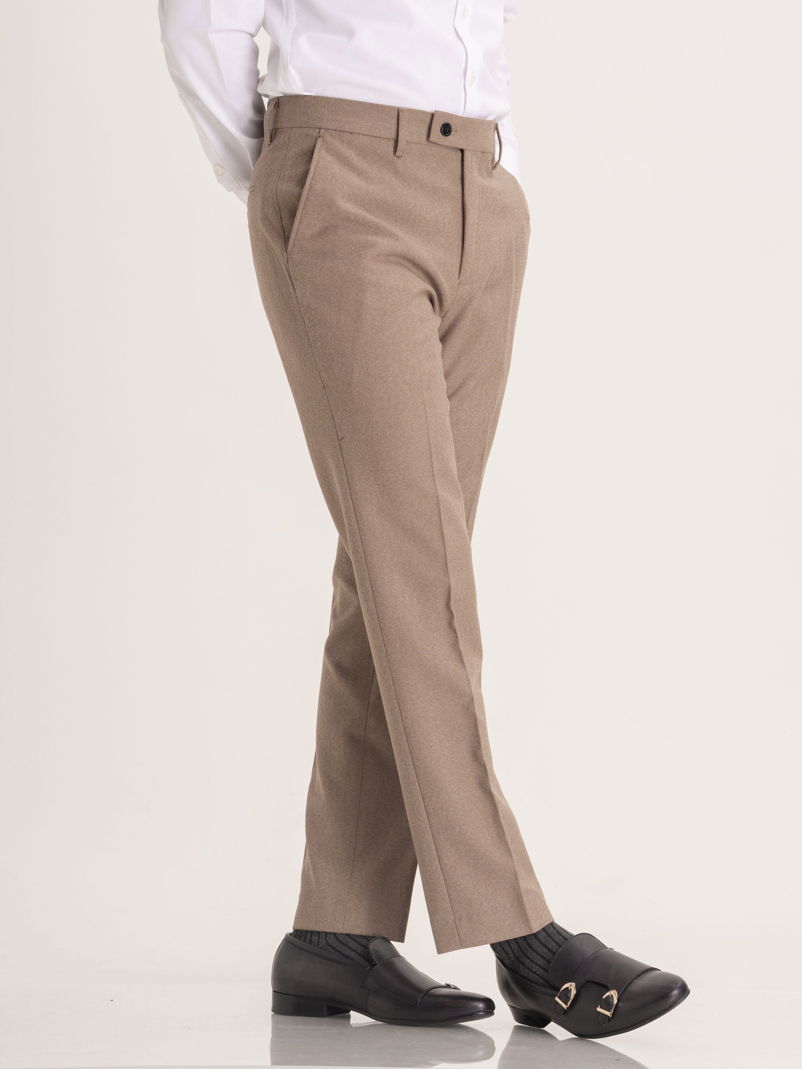 Trousers With Belt Loop - Light Brown Plain (Stretchable) - Zeve Shoes