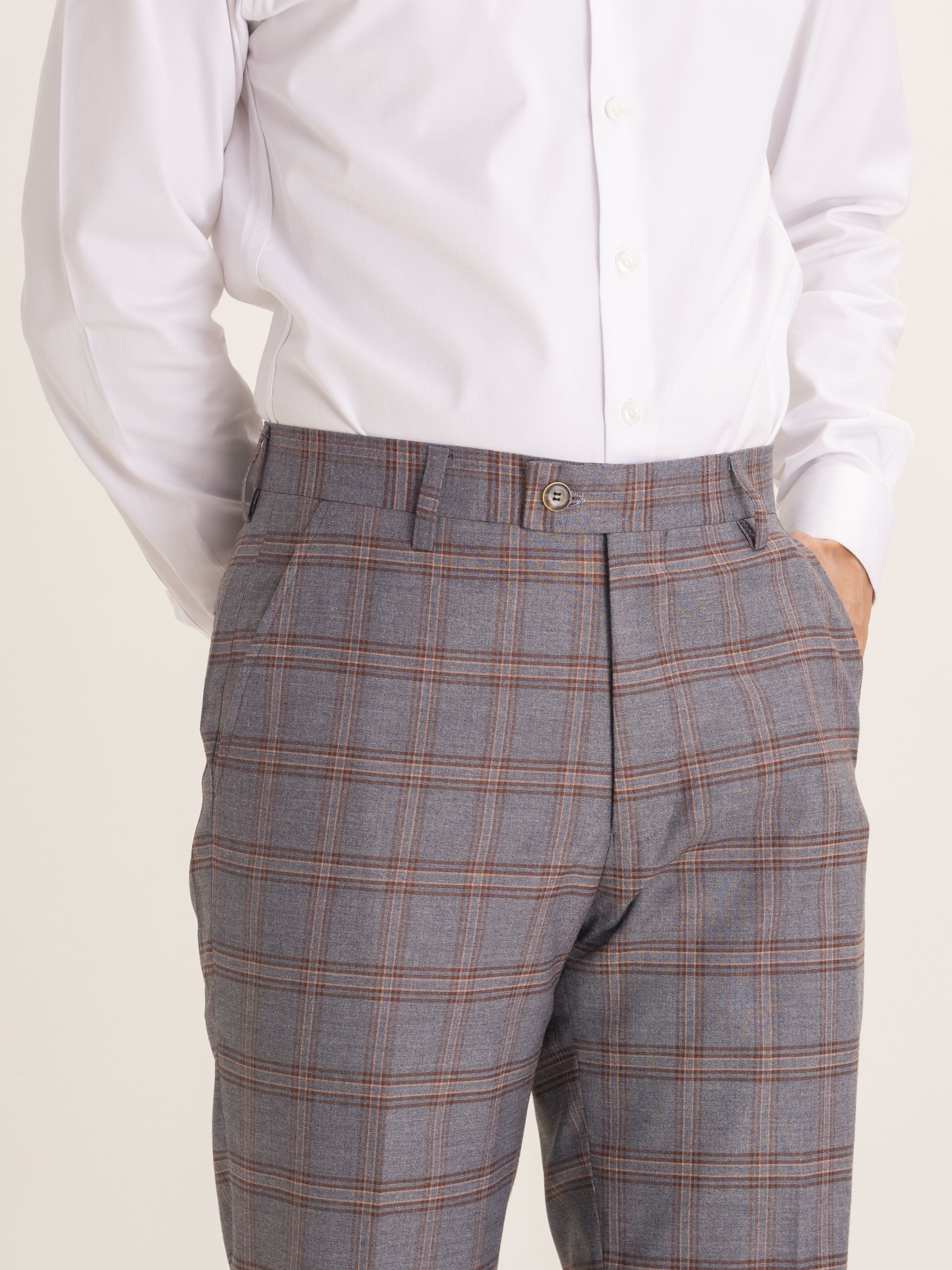 Trousers With Belt Loop - Grey with Brown Checkered (Stretchable) - Zeve Shoes