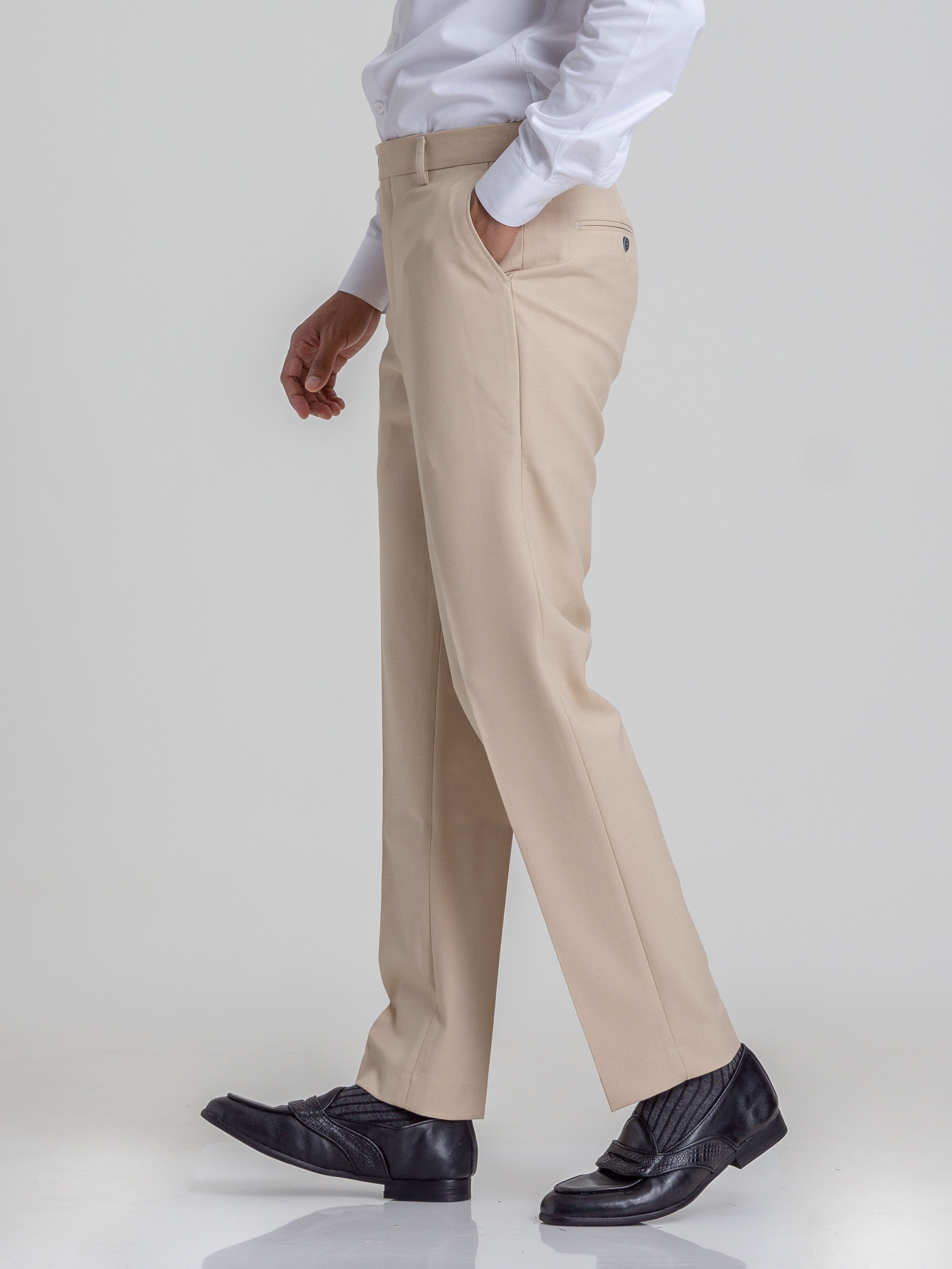 Trousers With Belt Loop - Beige Plain (Stretchable) - Zeve Shoes