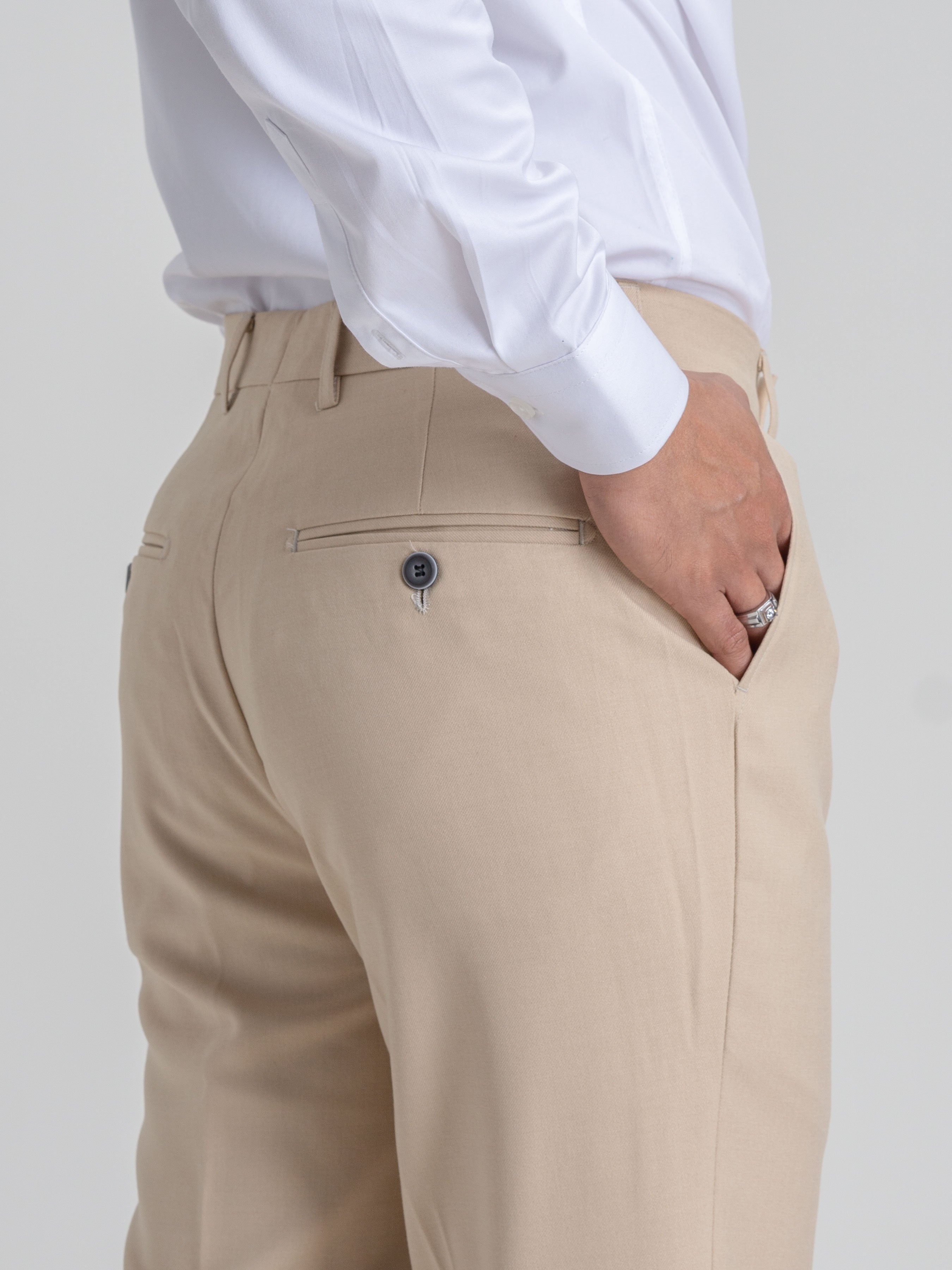 Trousers With Belt Loop - Beige Plain (Stretchable) - Zeve Shoes