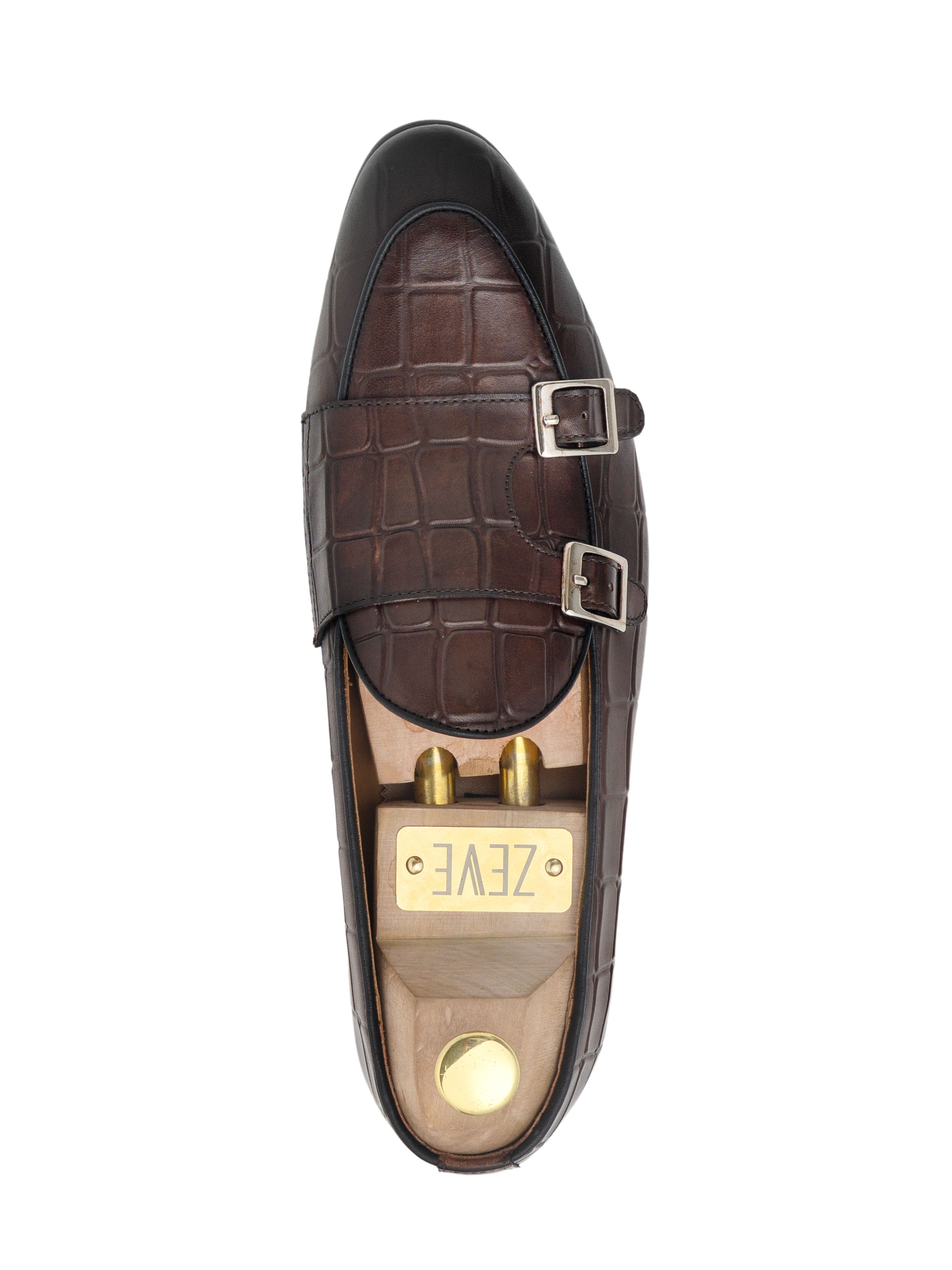 Belgian Loafer - Dark Brown Croco Double Monk Strap - Zeve Shoes