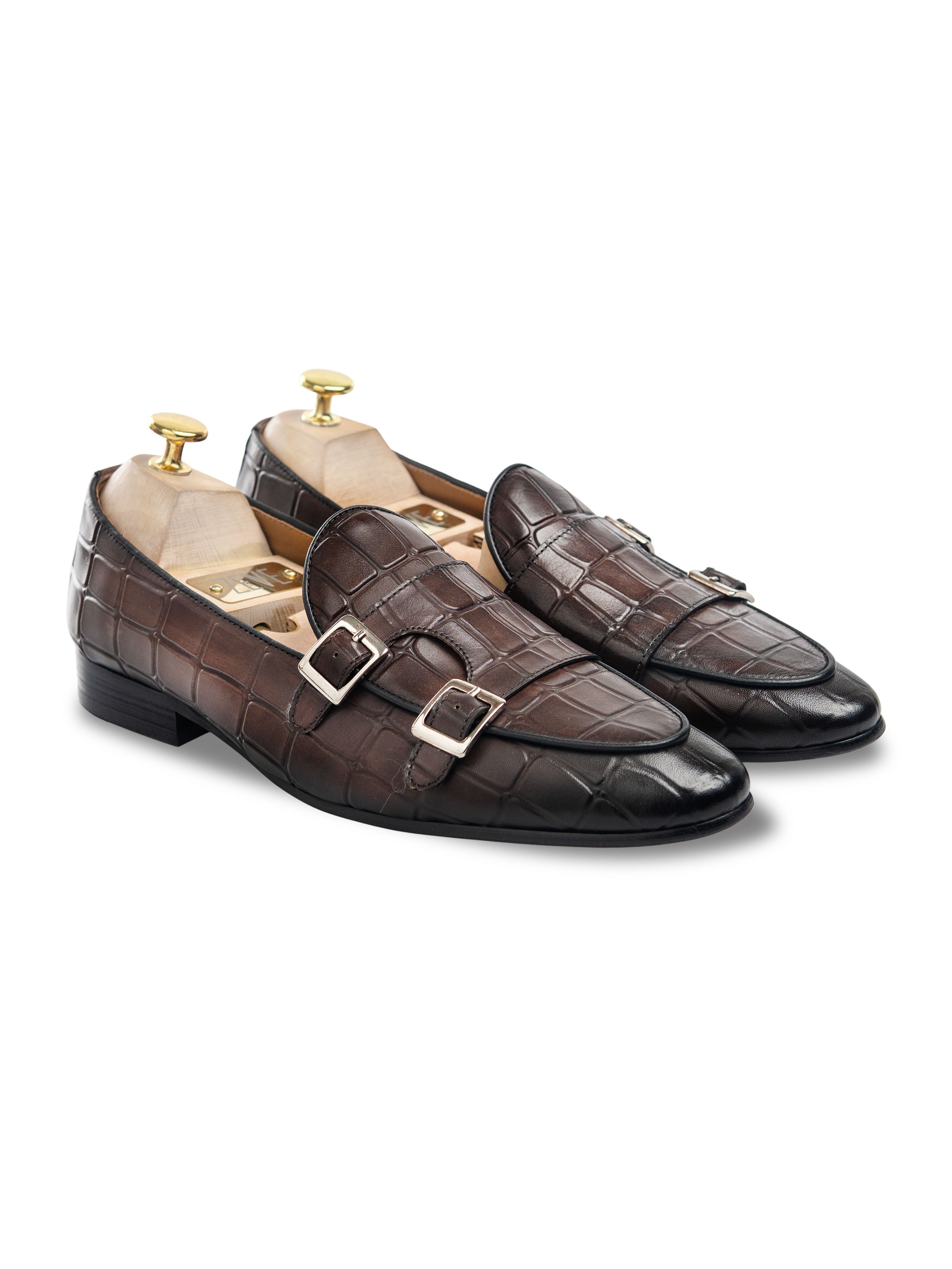Belgian Loafer - Dark Brown Croco Double Monk Strap - Zeve Shoes