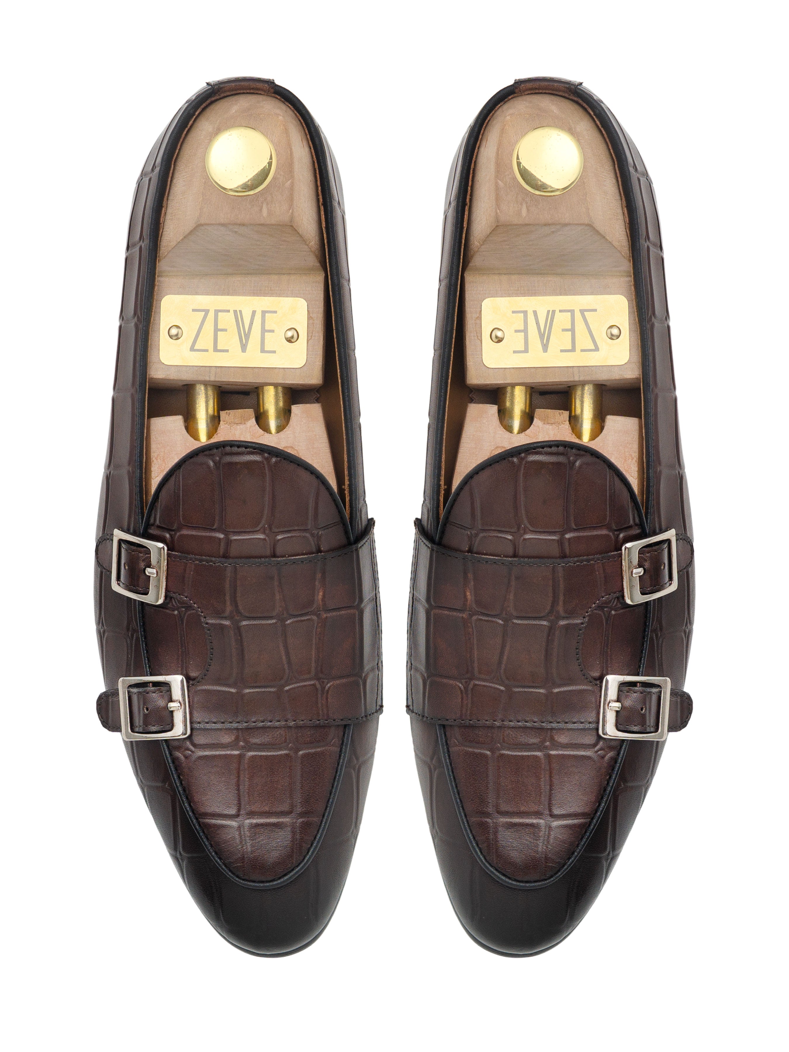 Belgian Loafer - Dark Brown Croco Double Monk Strap - Zeve Shoes