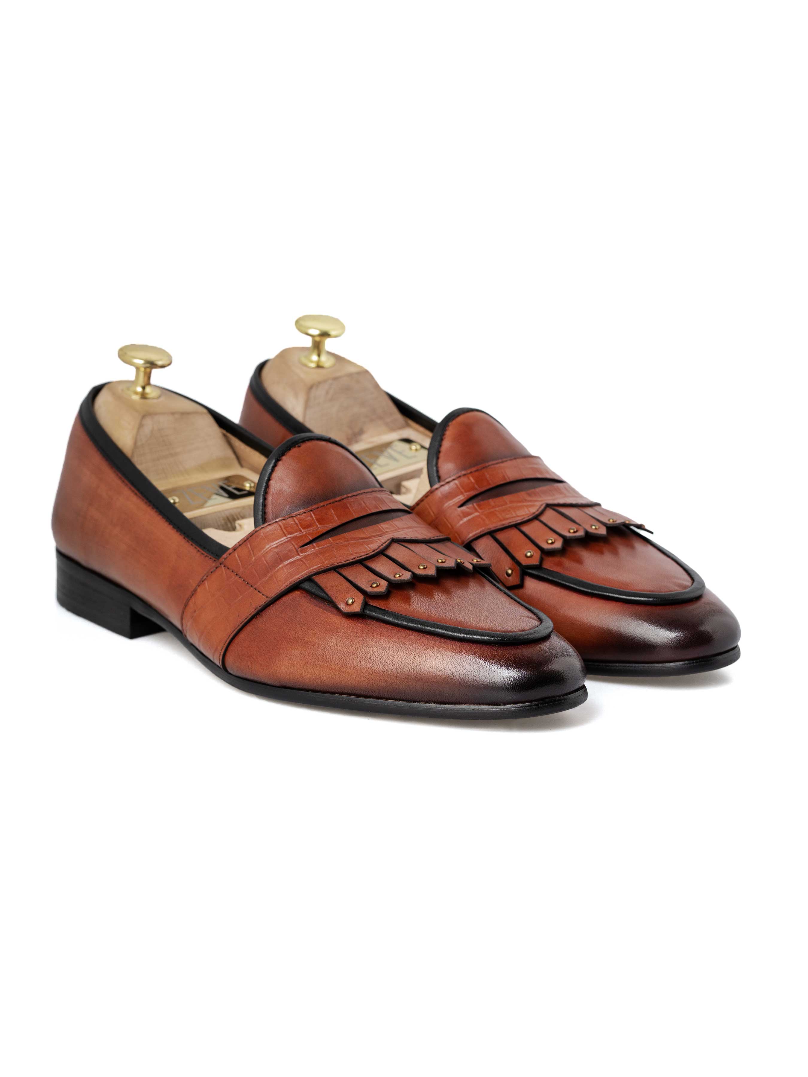 Belgian Loafer - Cognac Tan Phyton Penny Strap with Studded Fringe (Hand Painted Patina) - Zeve Shoes