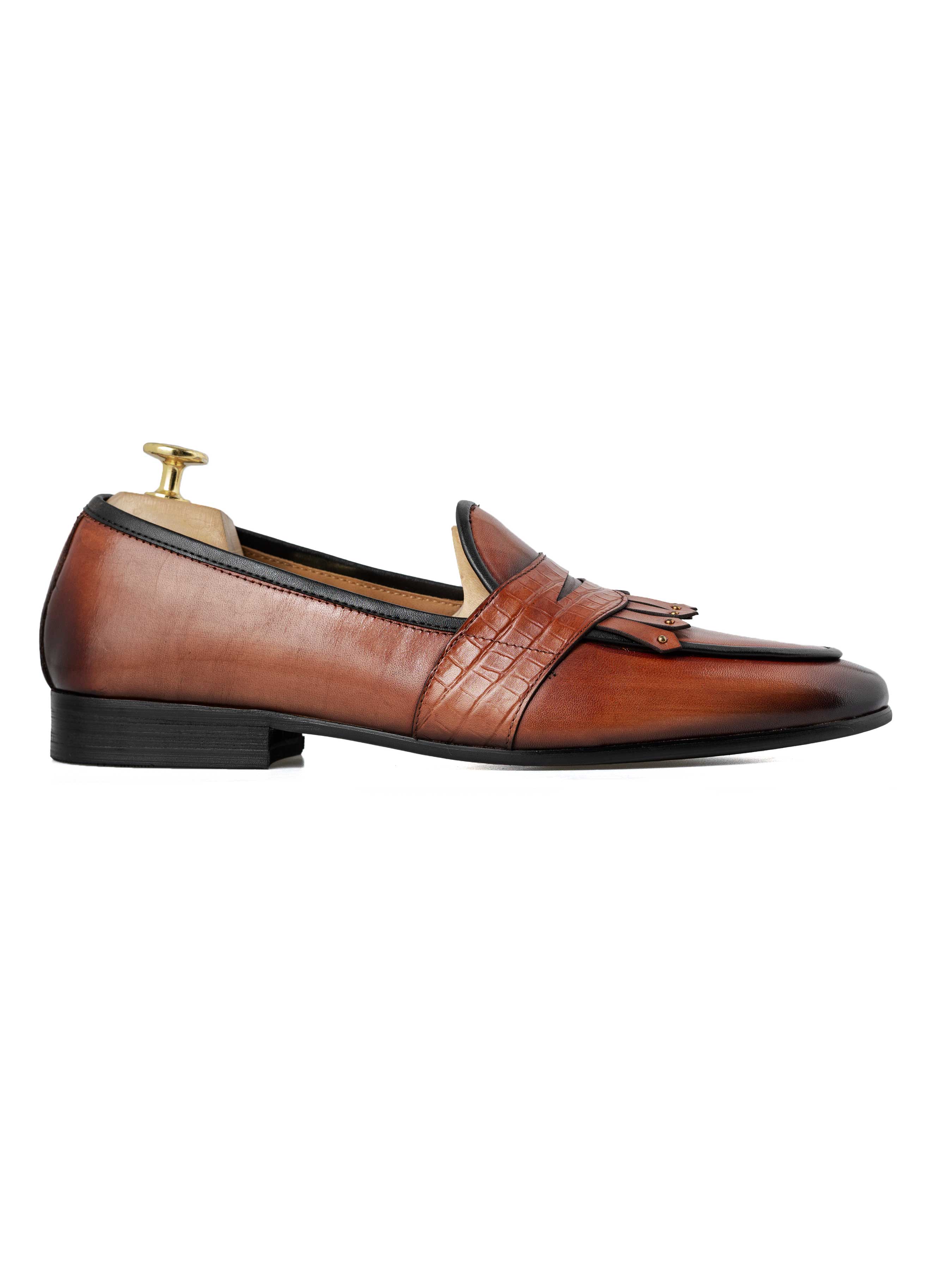 Belgian Loafer - Cognac Tan Phyton Penny Strap with Studded Fringe (Hand Painted Patina) - Zeve Shoes