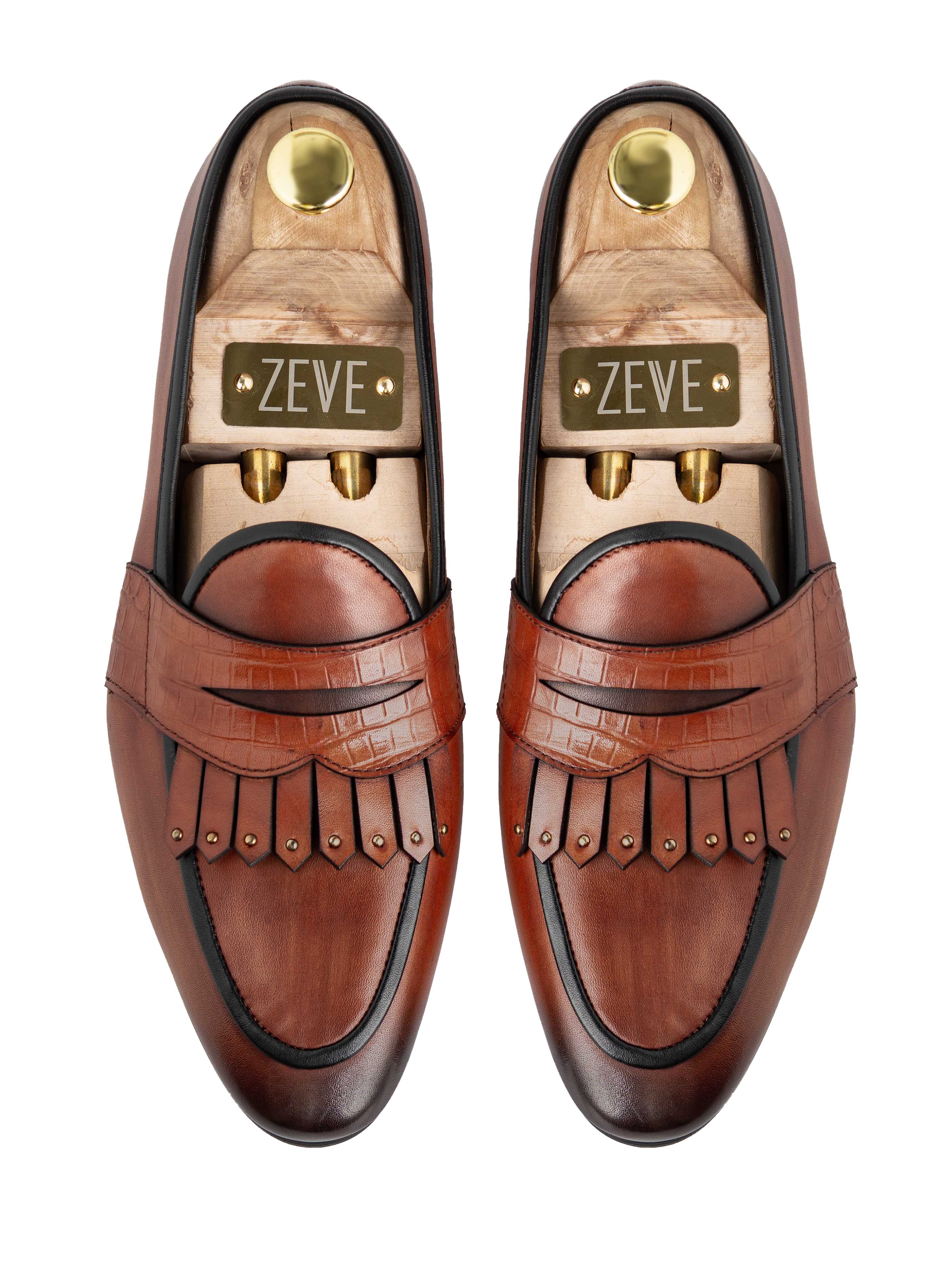 Belgian Loafer - Cognac Tan Phyton Penny Strap with Studded Fringe (Hand Painted Patina) - Zeve Shoes