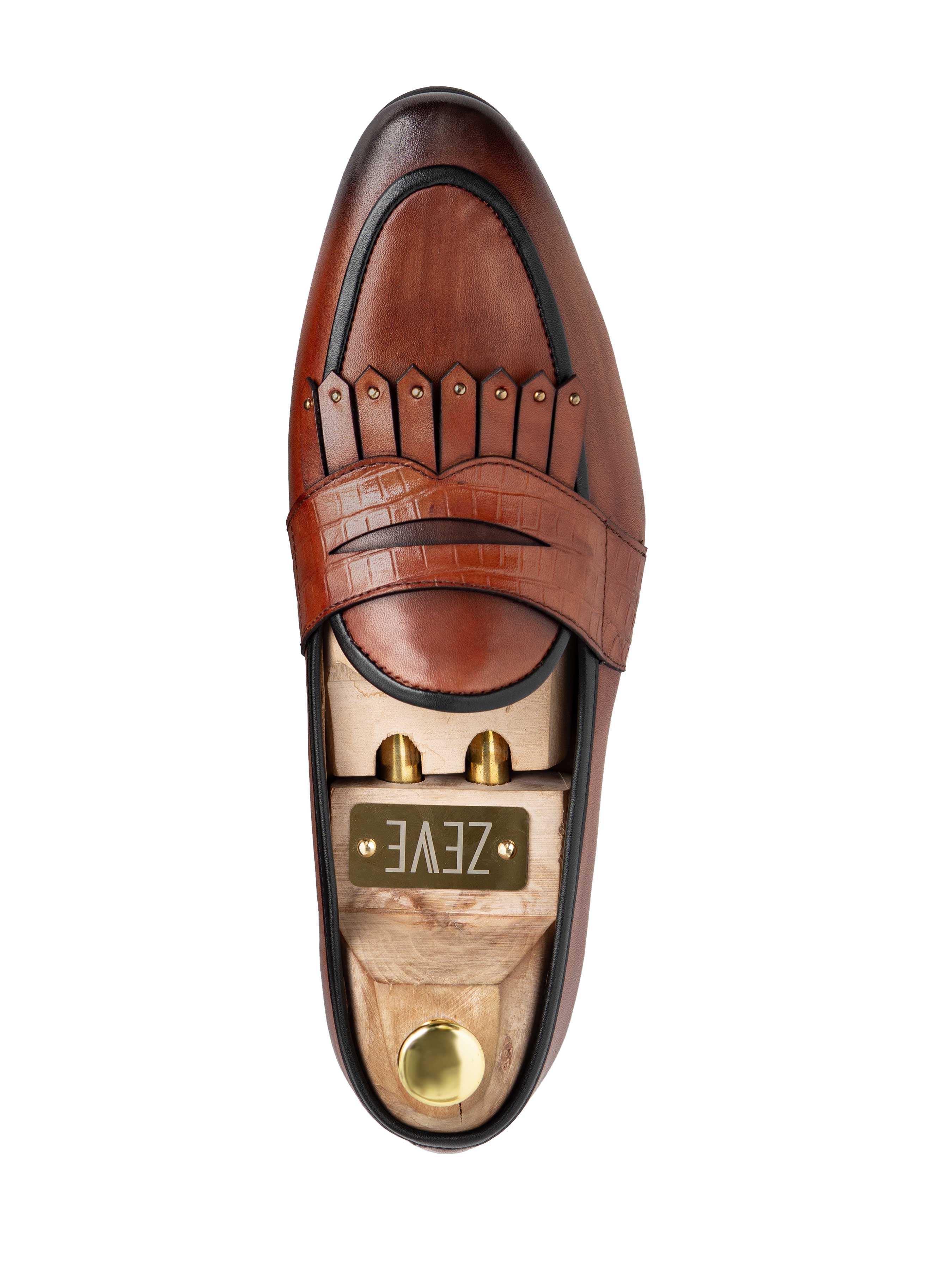 Belgian Loafer - Cognac Tan Phyton Penny Strap with Studded Fringe (Hand Painted Patina) - Zeve Shoes