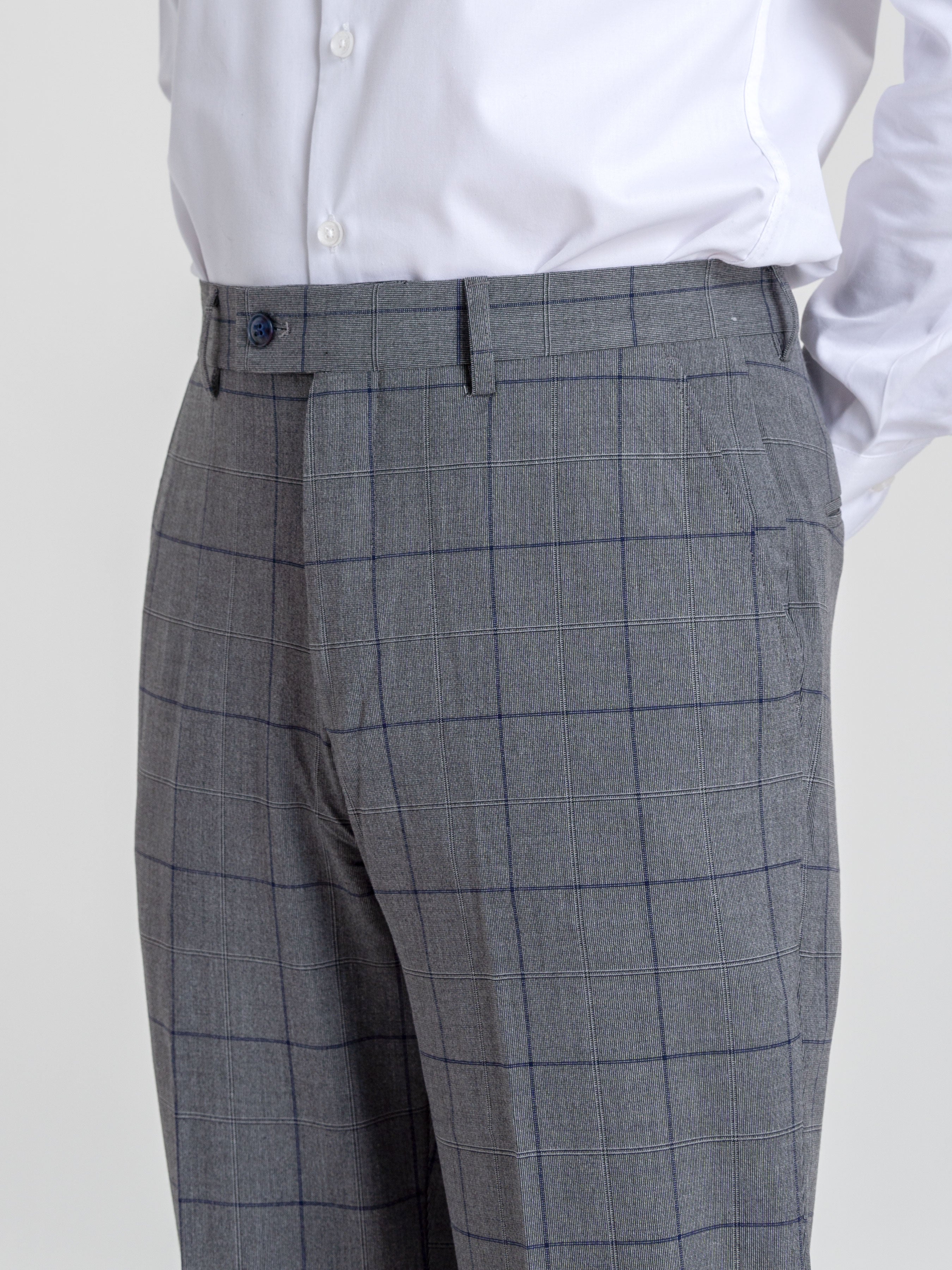 Trousers With Belt Loop - Dark Grey With Blue Line Windowpane Checkered (Stretchable) - Zeve Shoes