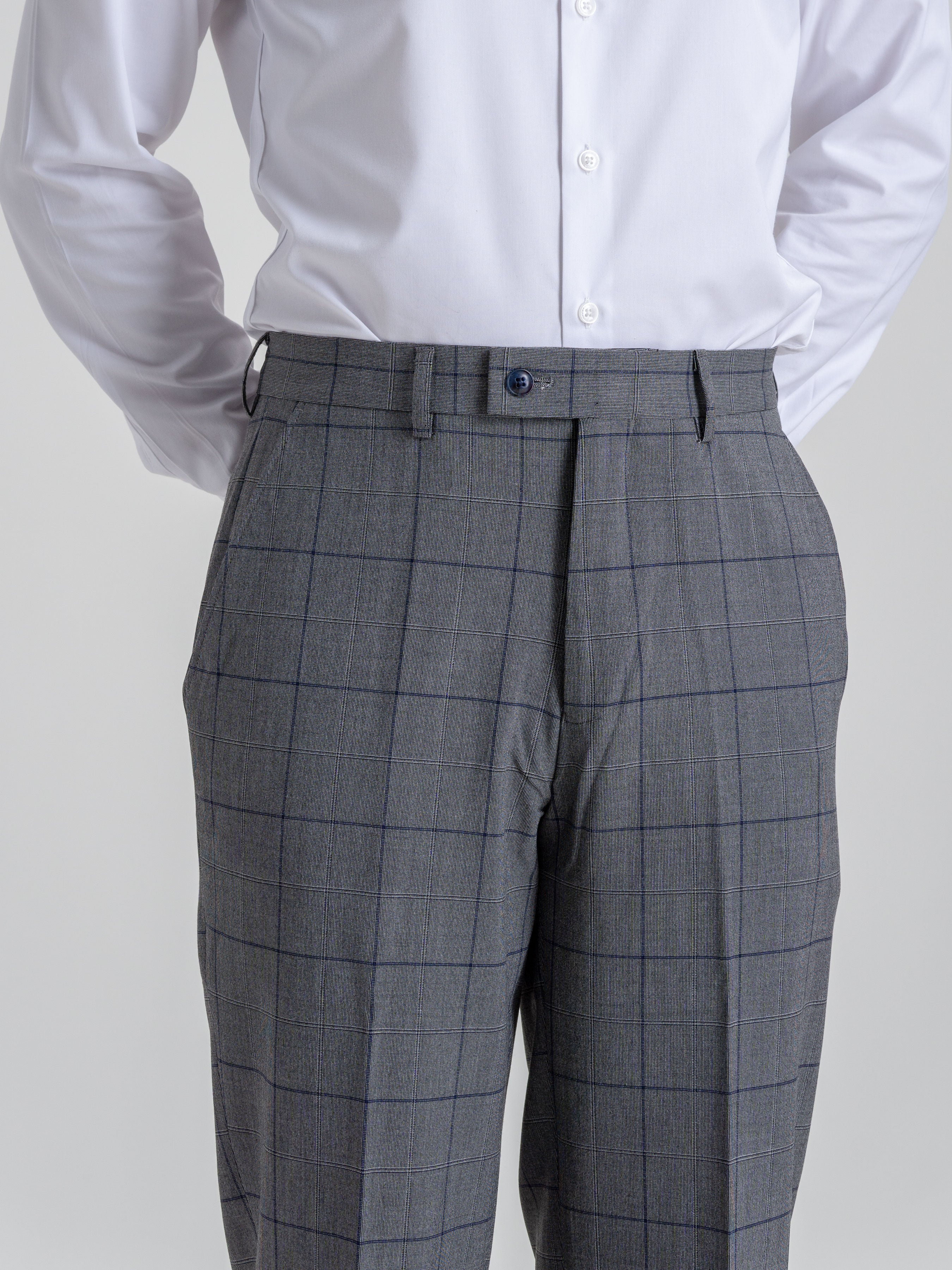 Trousers With Belt Loop - Dark Grey With Blue Line Windowpane Checkered (Stretchable) - Zeve Shoes