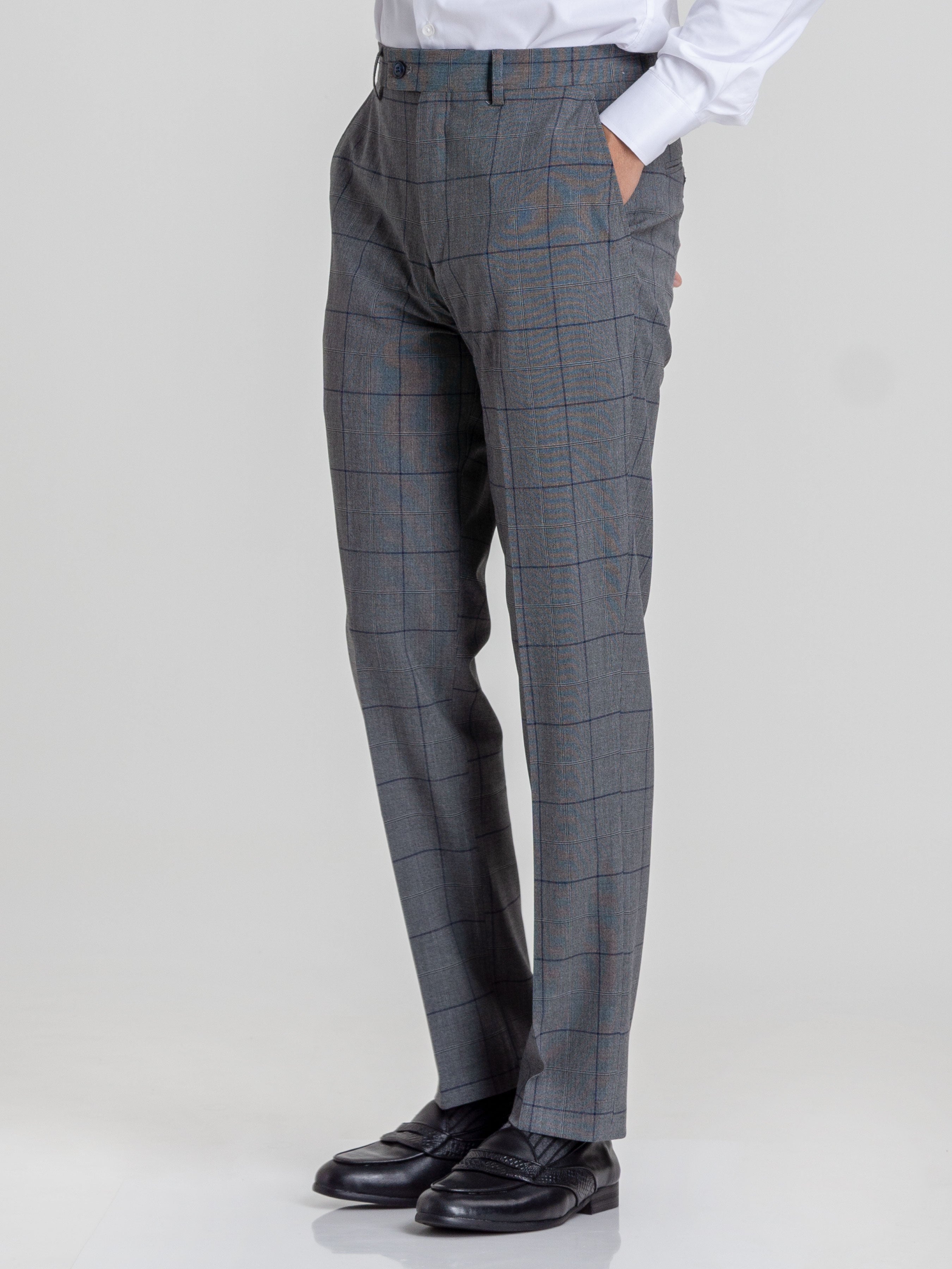 Trousers With Belt Loop - Dark Grey With Blue Line Windowpane Checkered (Stretchable) - Zeve Shoes