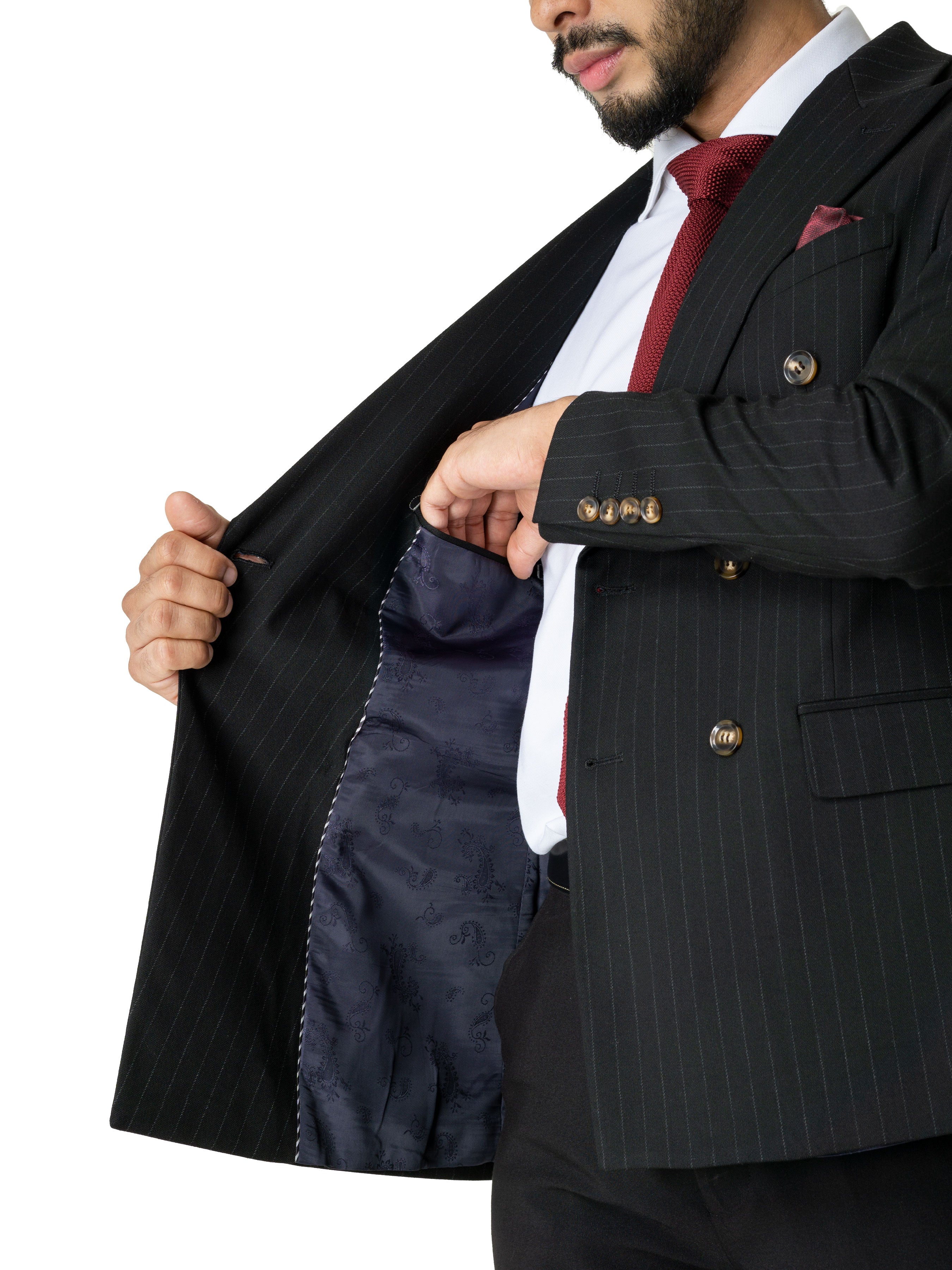 Double Breasted Suit Blazer - Black Stripes (Peak Lapel) - Zeve Shoes