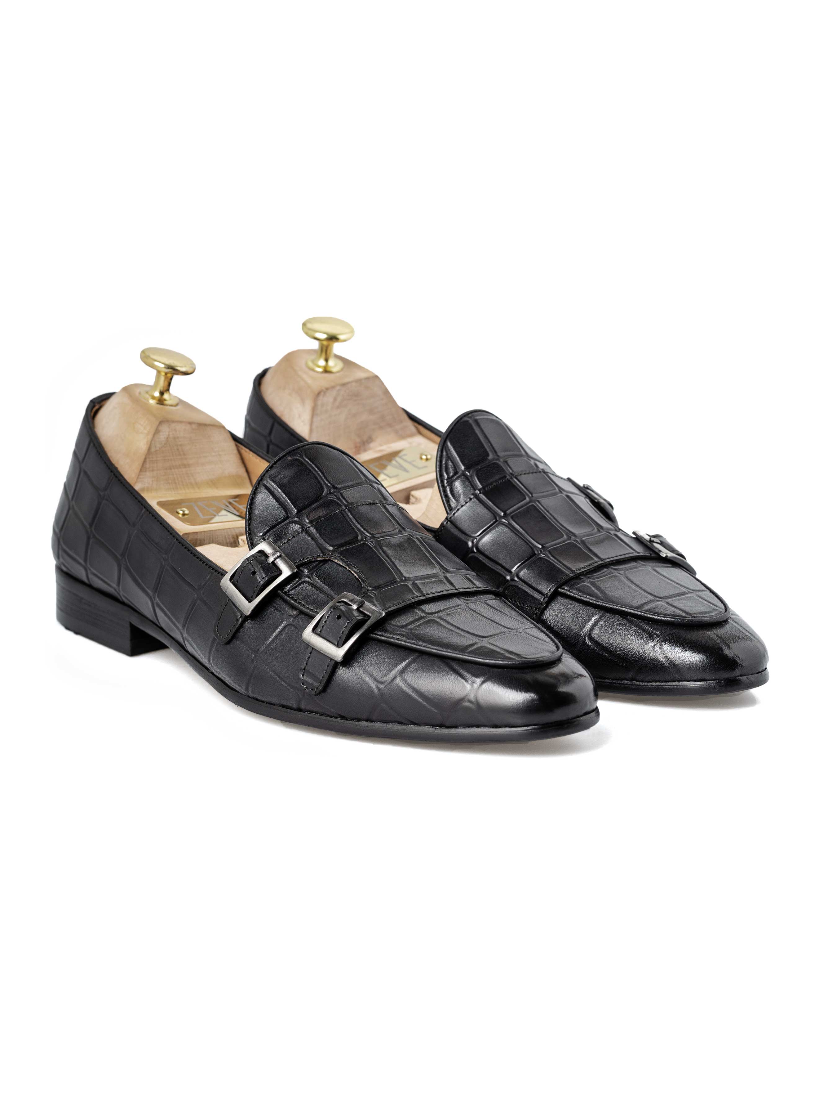 Belgian Loafer - Black Grey Croco Double Monk Strap (Hand Painted Patina) - Zeve Shoes
