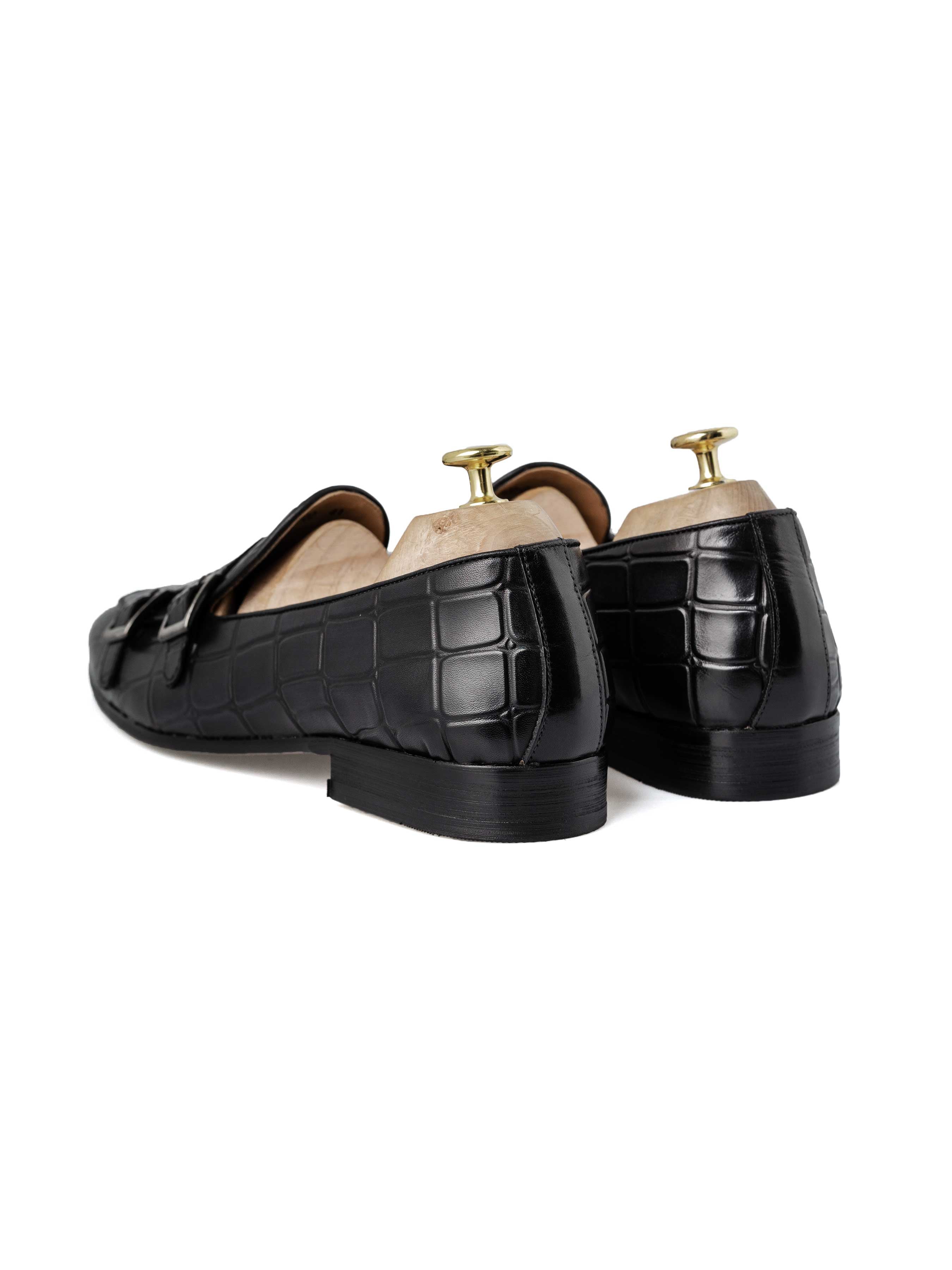 Belgian Loafer - Black Grey Croco Double Monk Strap (Hand Painted Patina) - Zeve Shoes