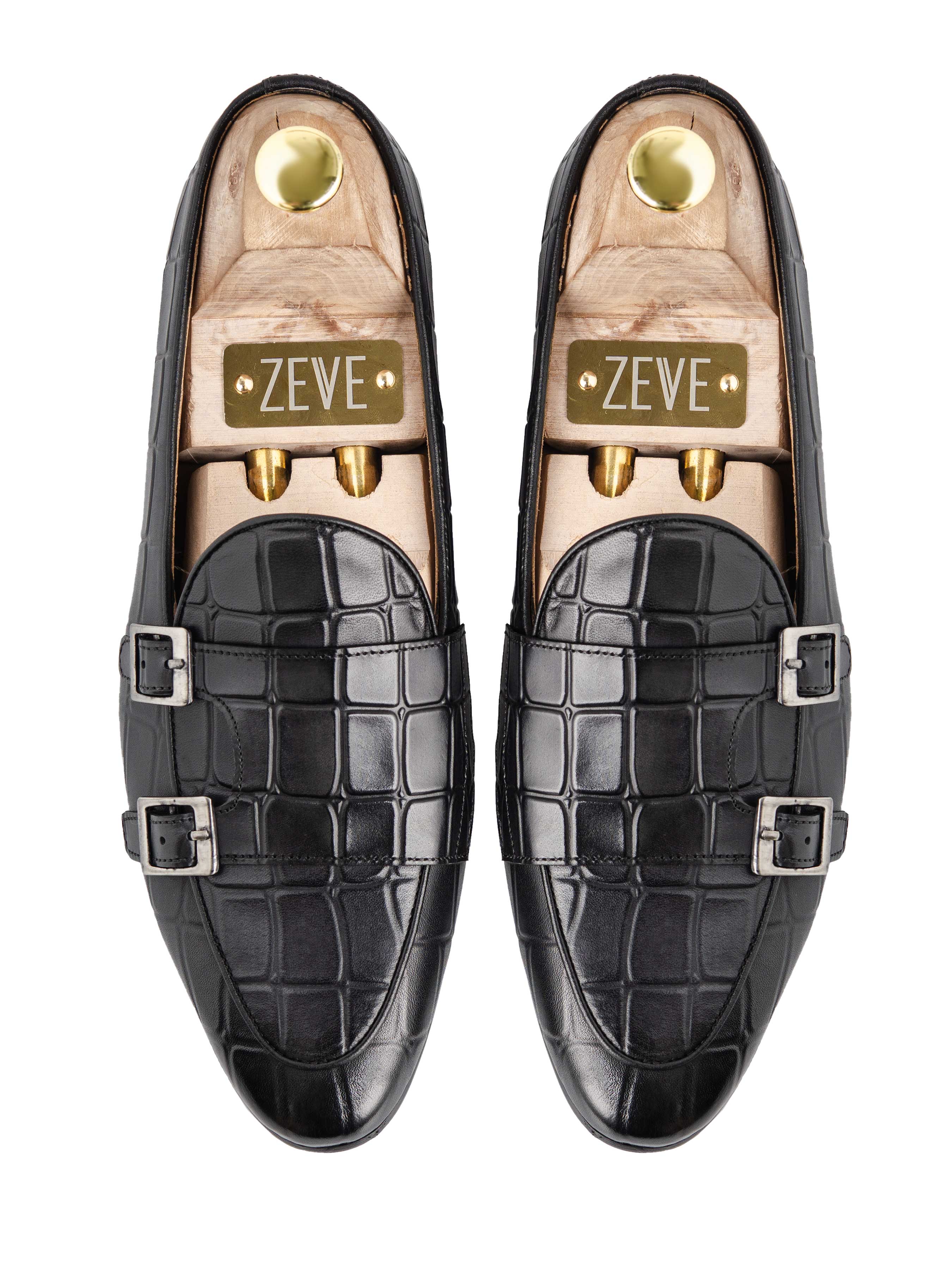 Belgian Loafer - Black Grey Croco Double Monk Strap (Hand Painted Patina) - Zeve Shoes