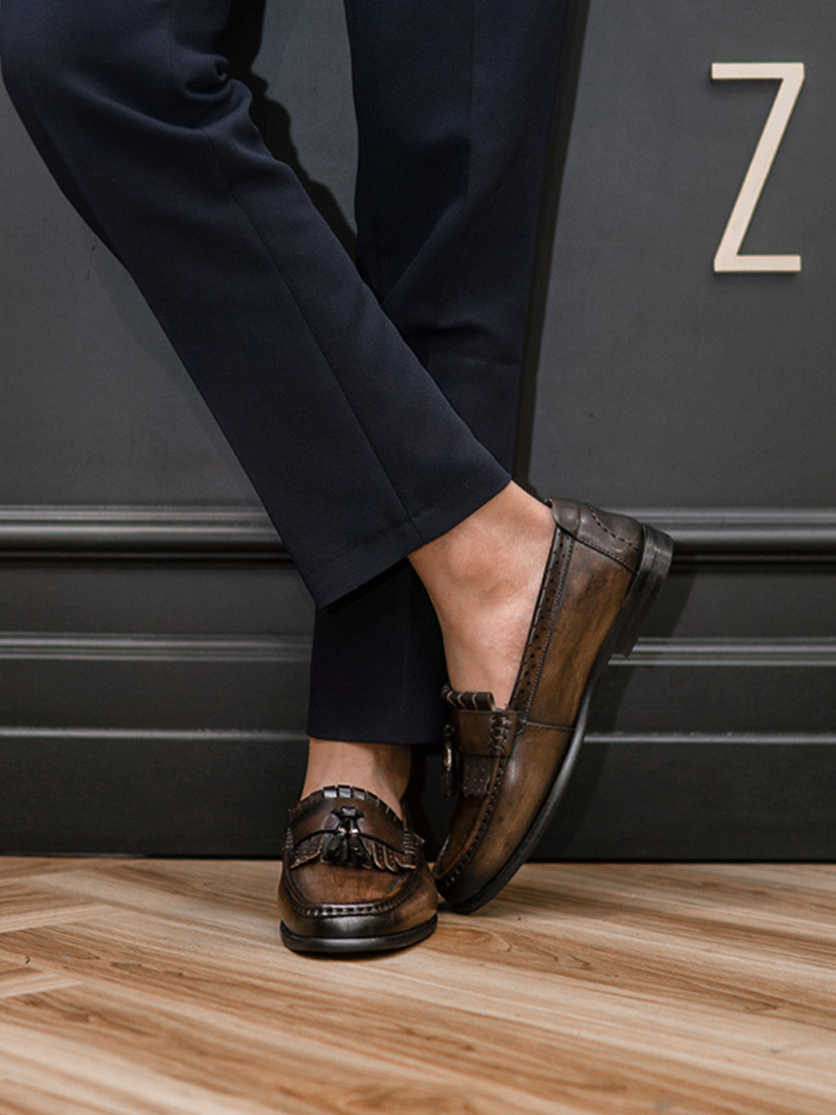 Fringe Classic Loafer - Khakis with Tassel (Hand Painted Patina) - Zeve Shoes