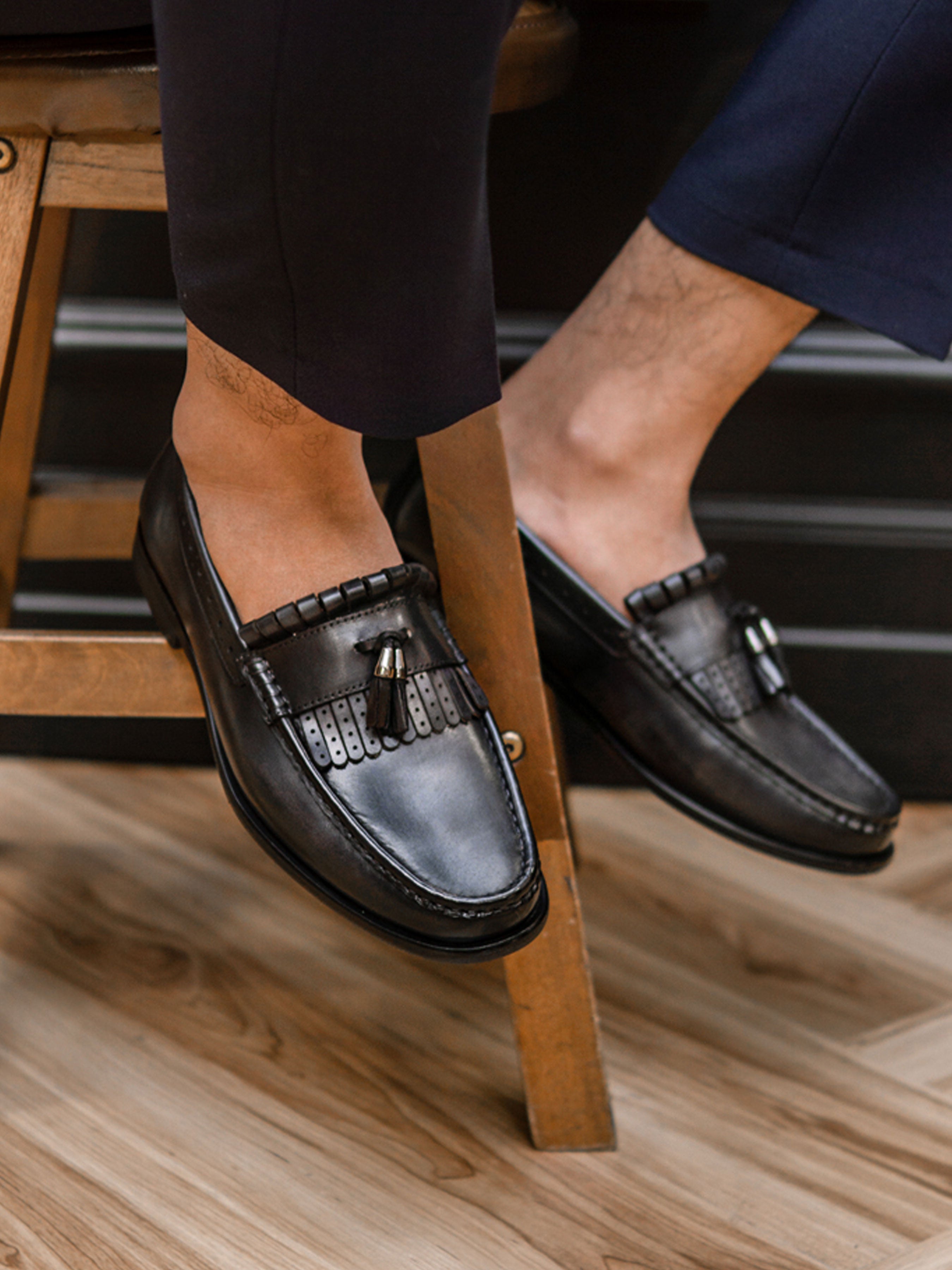 Fringe Classic Loafer - Black Grey with Tassel (Hand Painted Patina) - Zeve Shoes