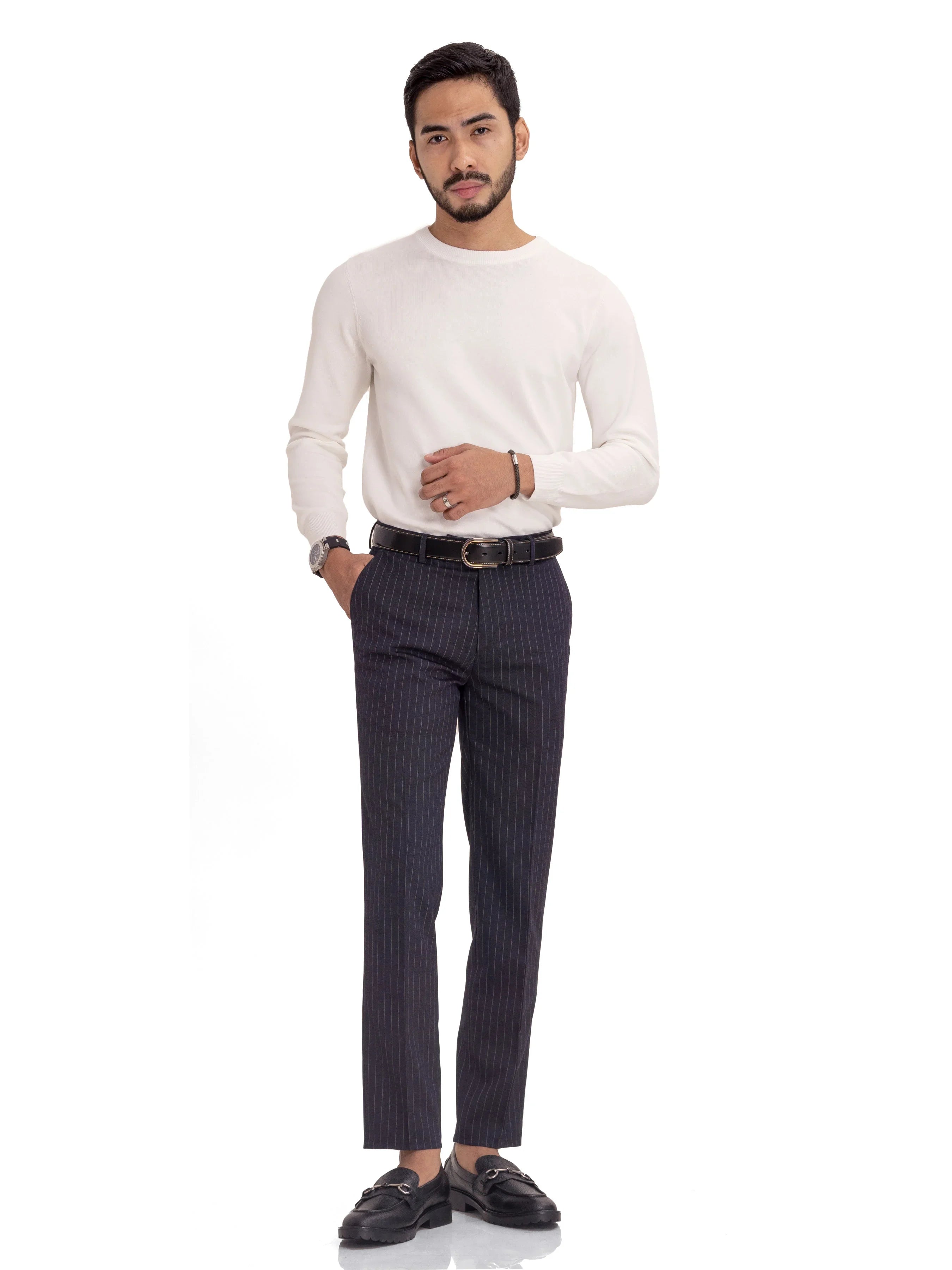 Long Sleeve Crew Neck Sweater - White - Zeve Shoes