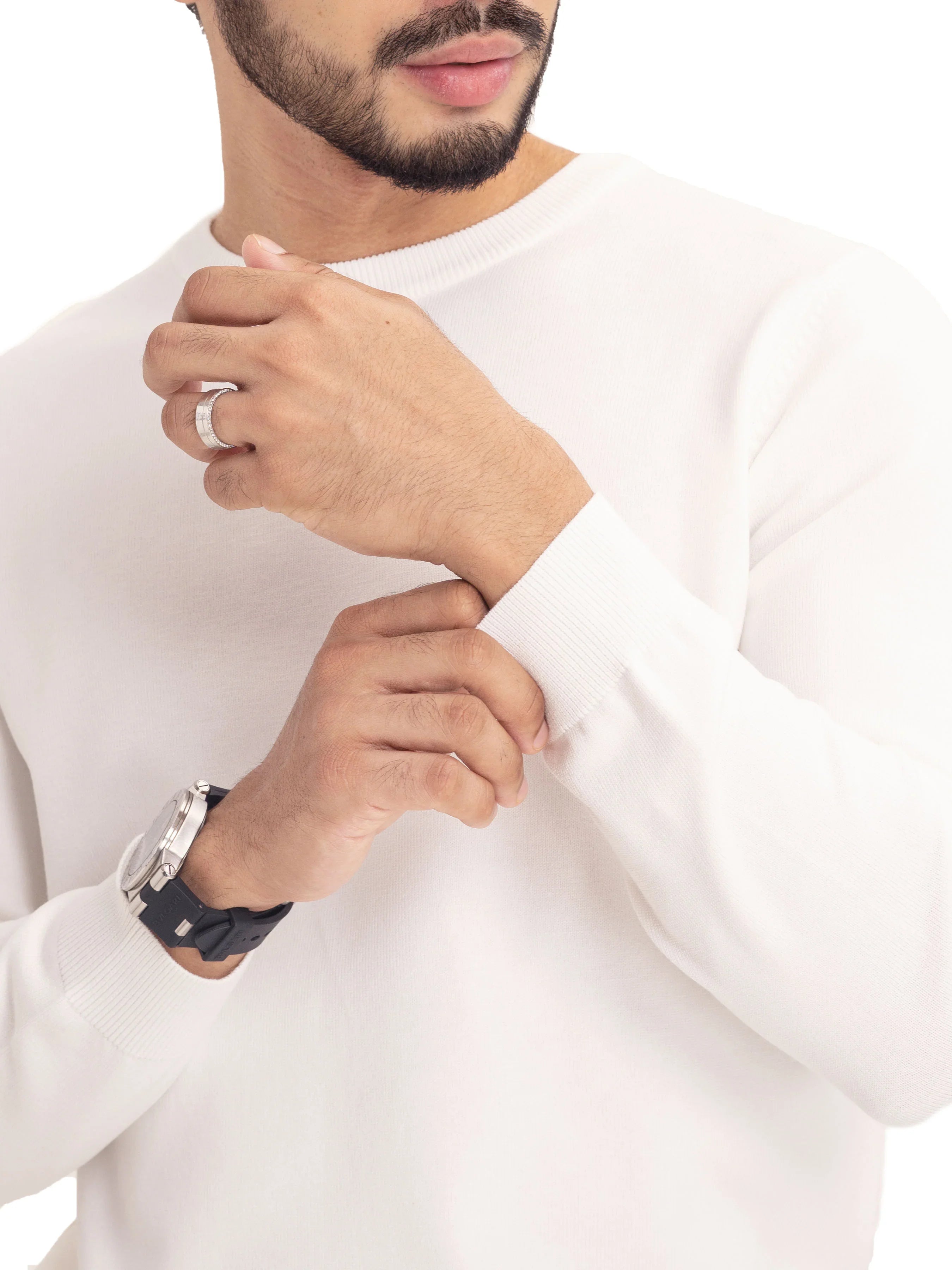 Long Sleeve Crew Neck Sweater - White - Zeve Shoes