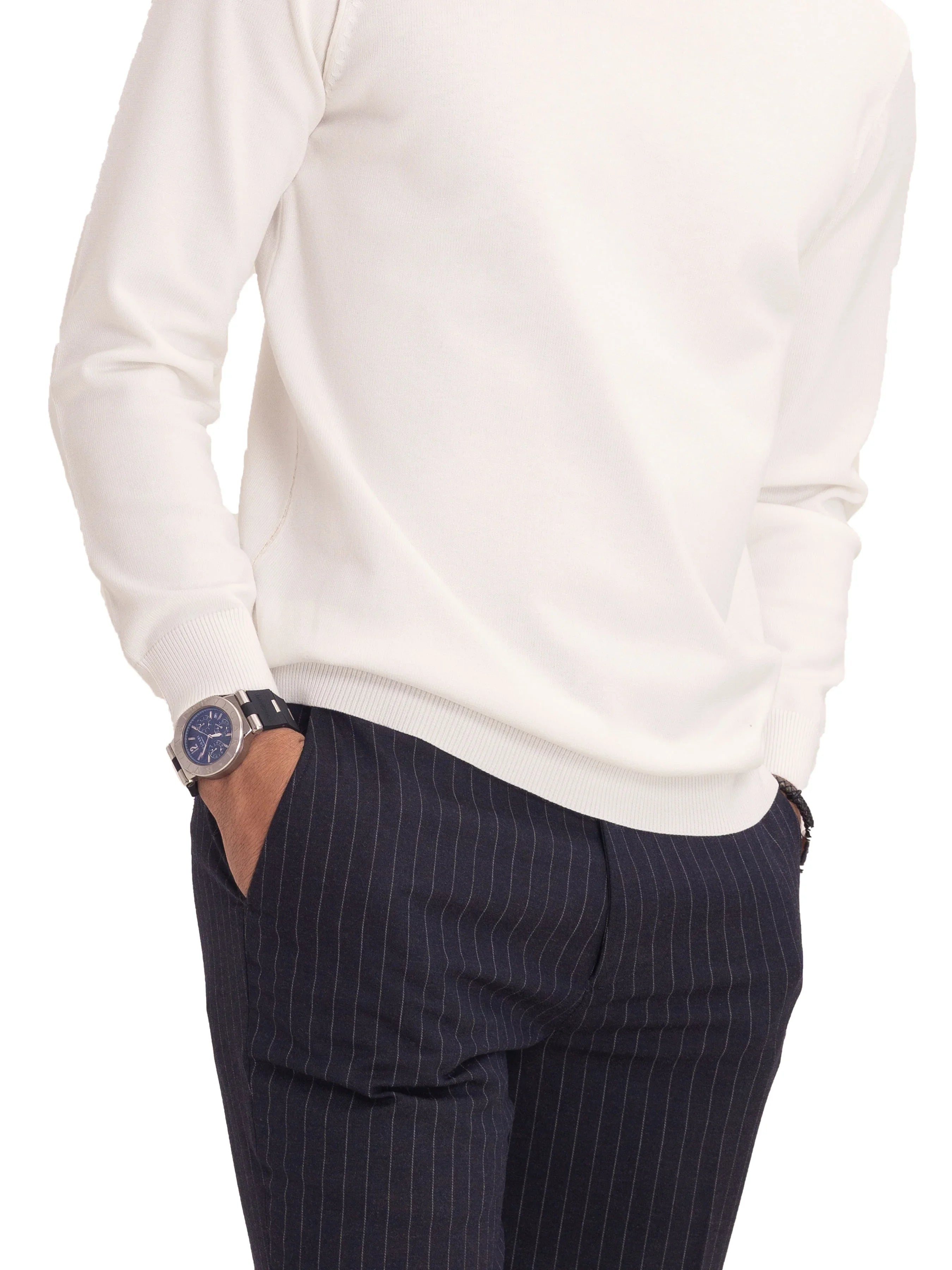 Long Sleeve Crew Neck Sweater - White - Zeve Shoes