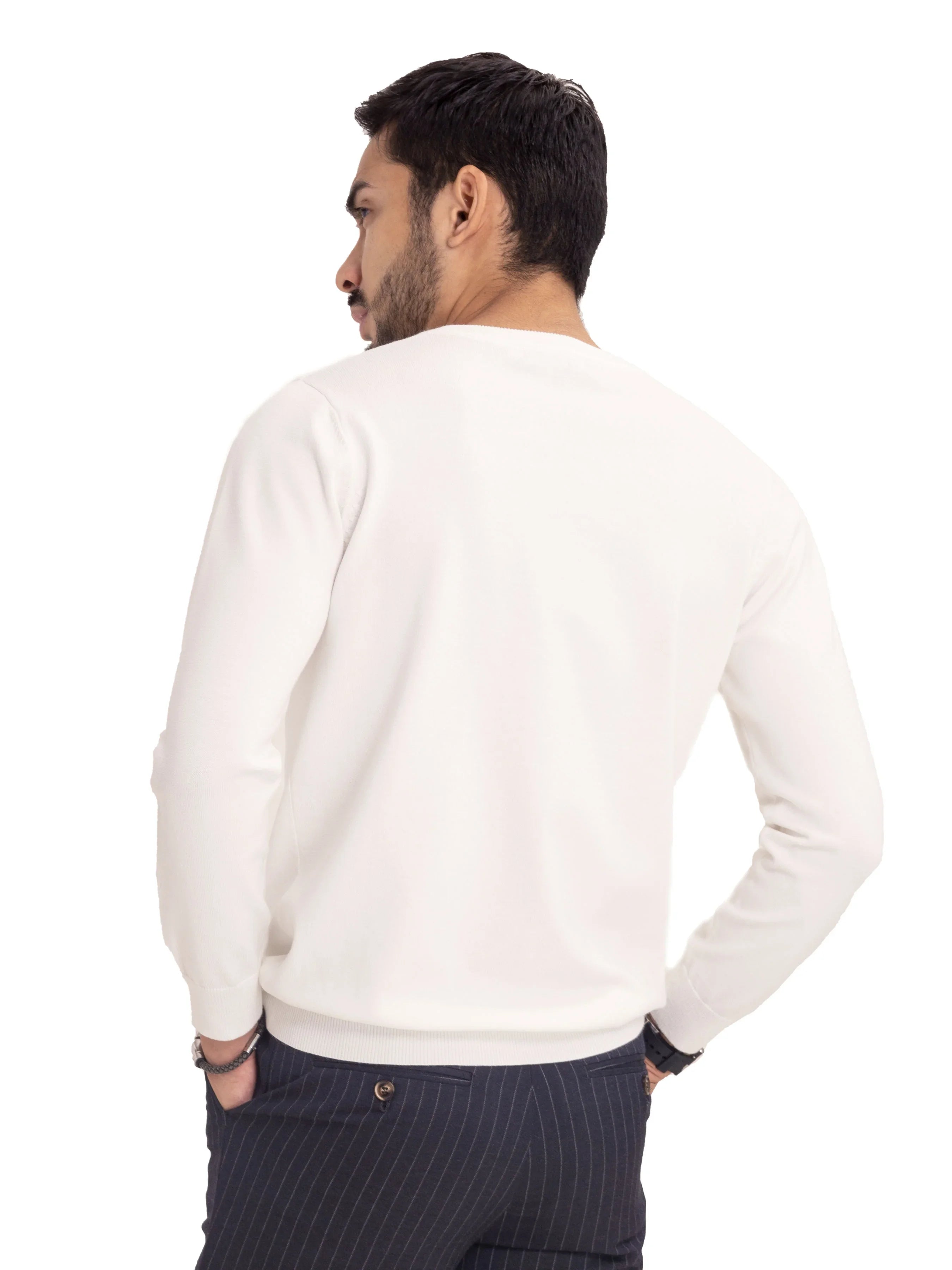 Long Sleeve Crew Neck Sweater - White - Zeve Shoes
