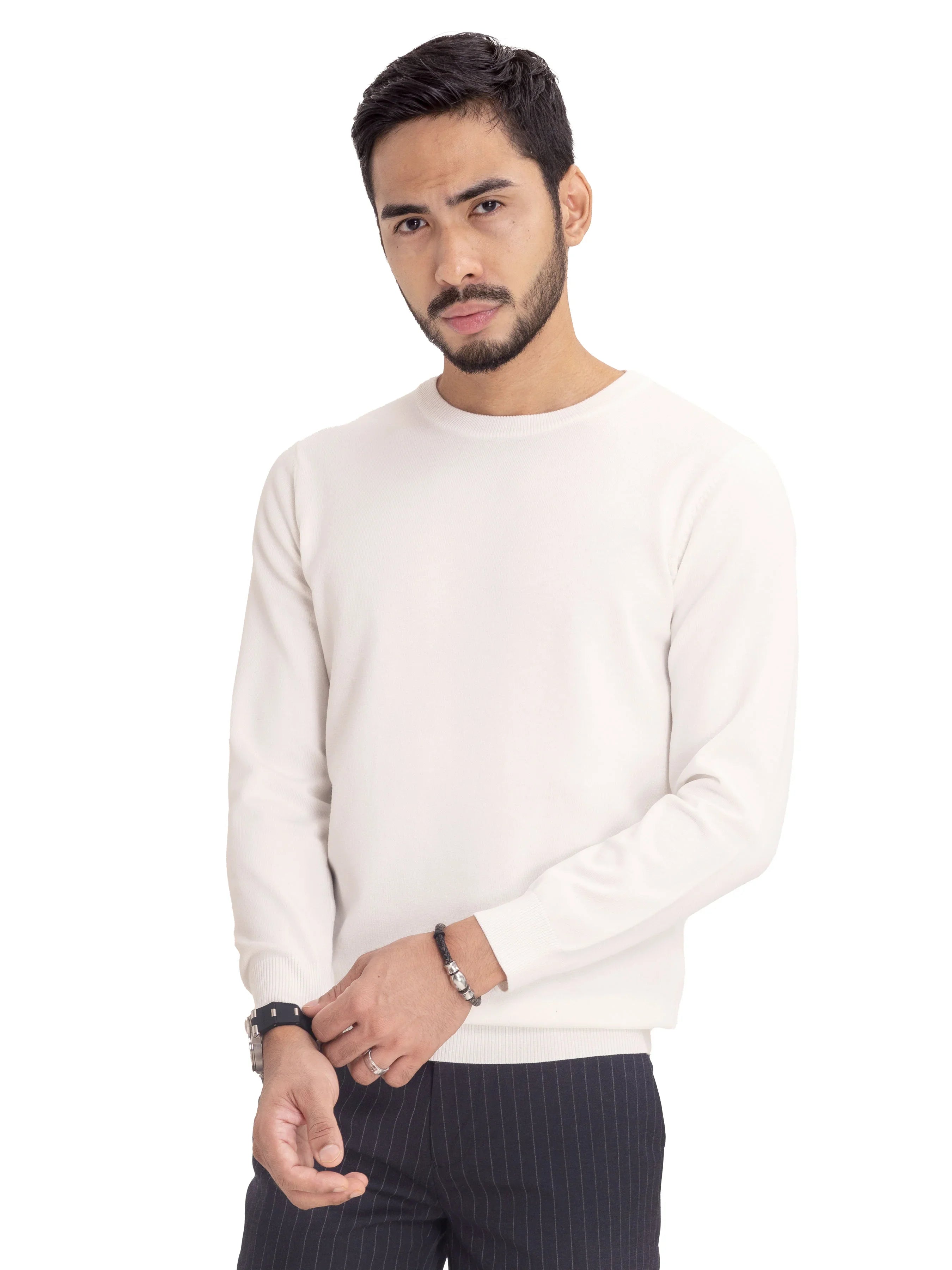 Long Sleeve Crew Neck Sweater - White - Zeve Shoes
