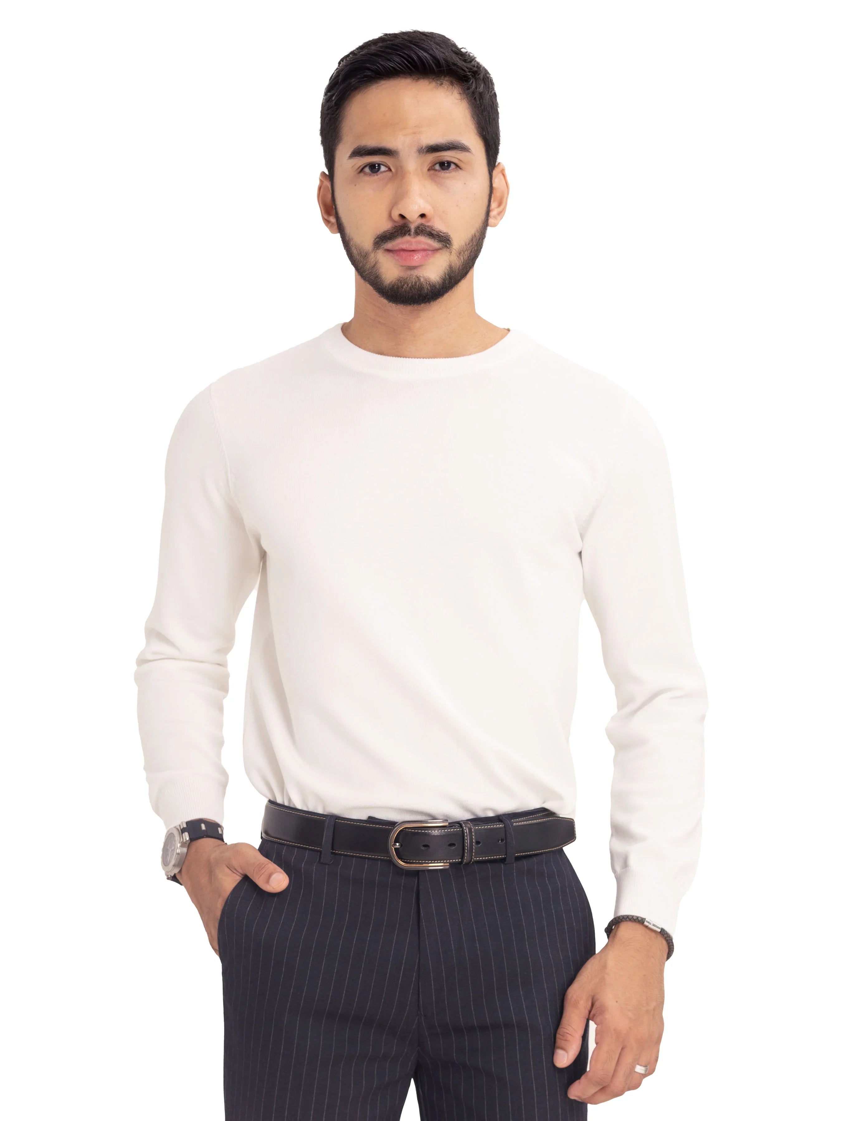 Long Sleeve Crew Neck Sweater - White - Zeve Shoes