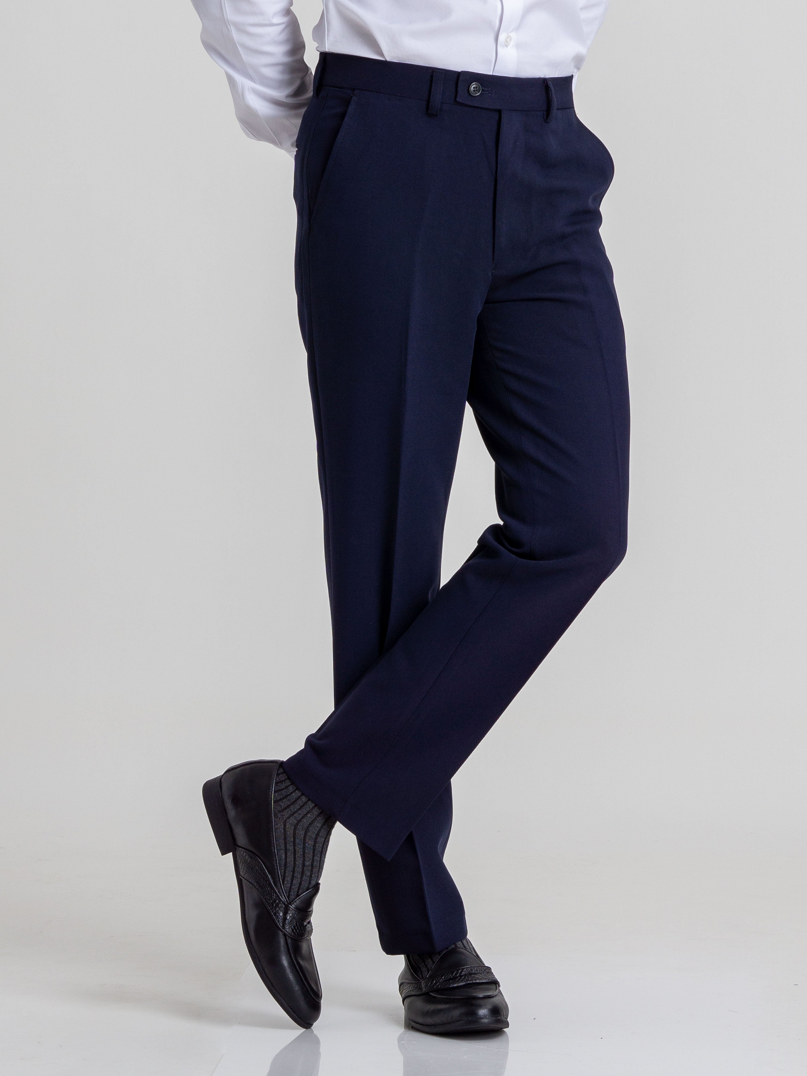 Trousers With Belt Loop - Navy Blue Plain (Stretchable) - Zeve Shoes