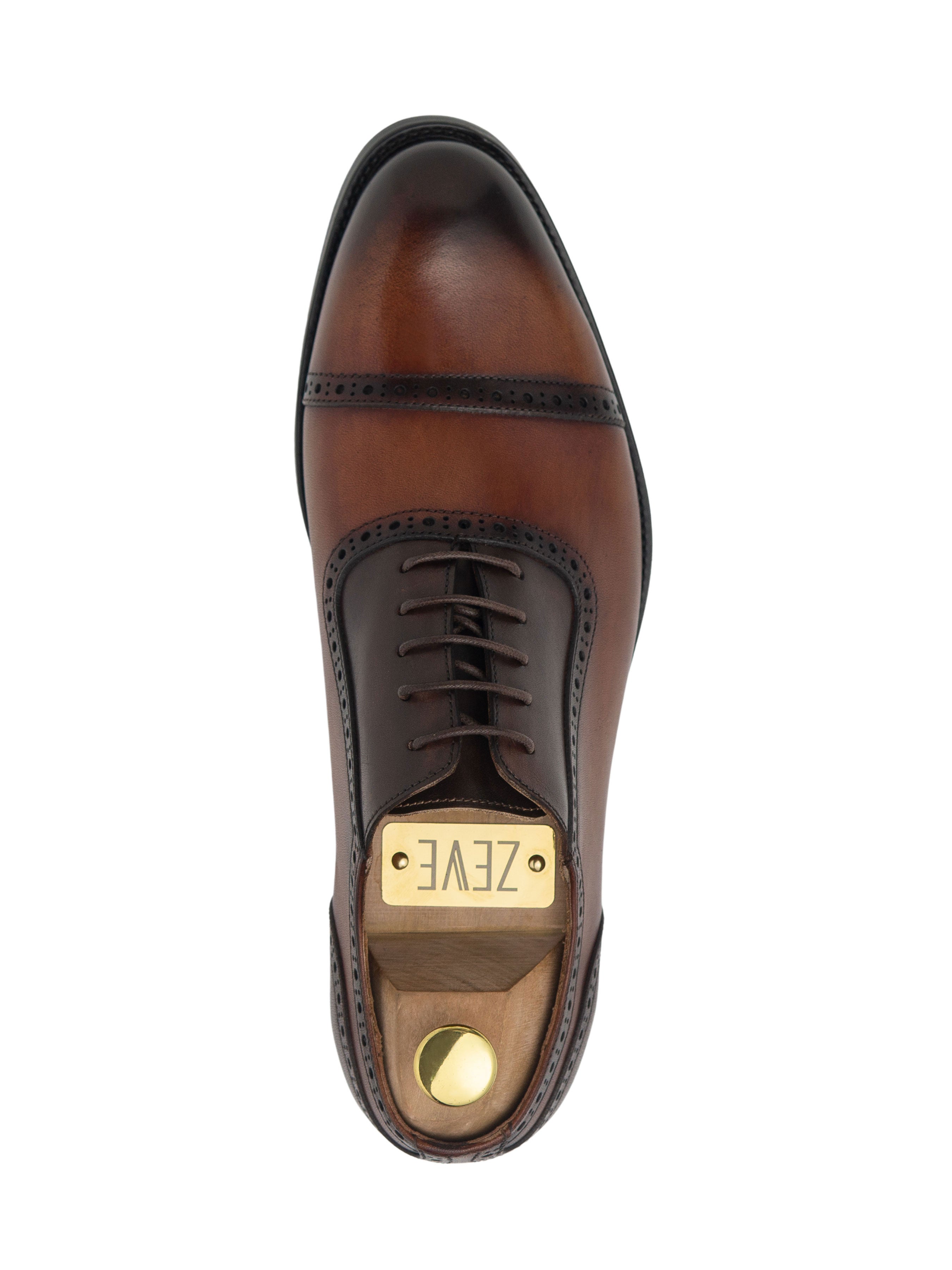 Oxford Cap Toe Adelaide - Duo-Tone Cognac Tan Lace Up (Hand Painted Patina) - Zeve Shoes