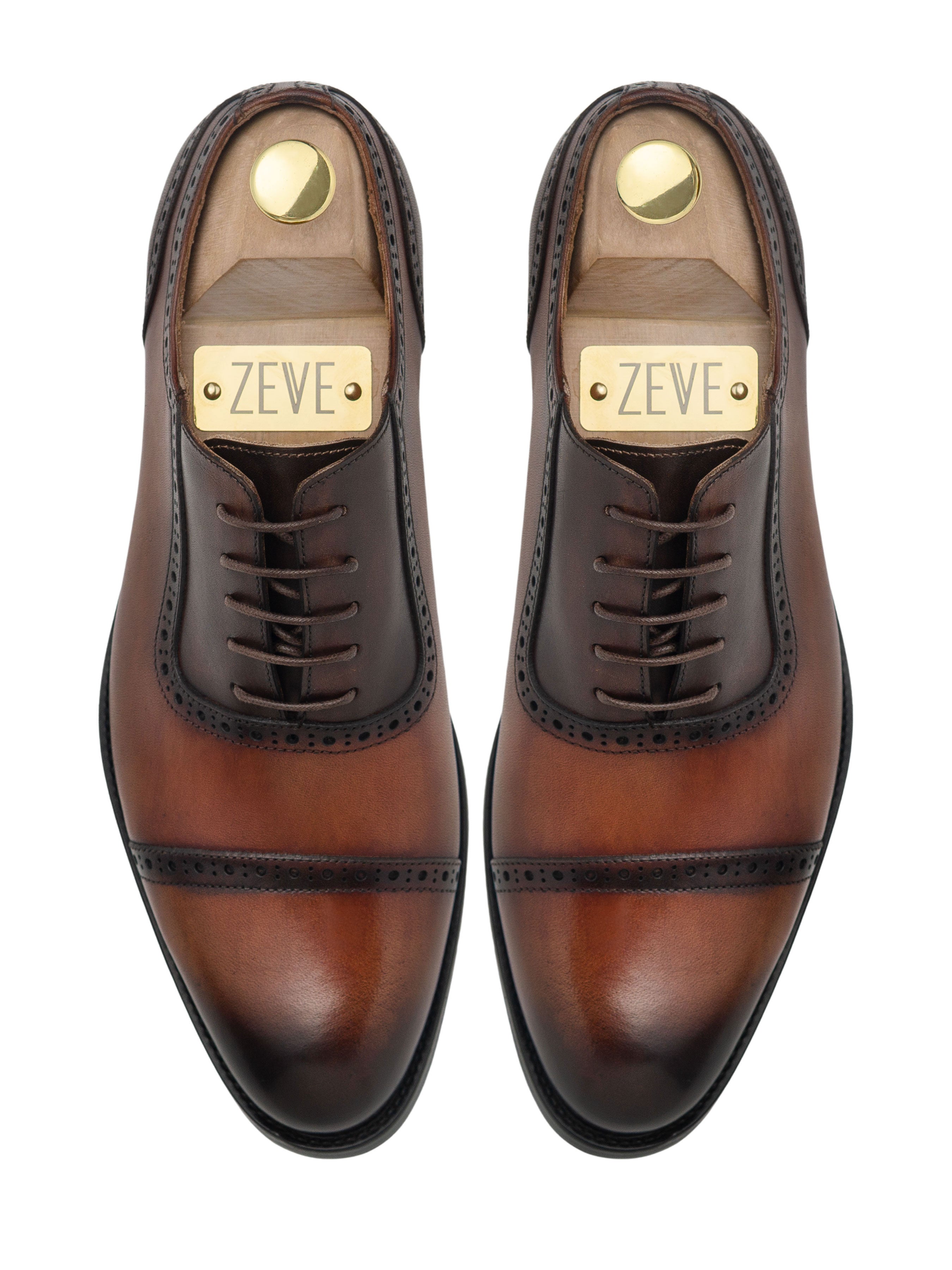 Oxford Cap Toe Adelaide - Duo-Tone Cognac Tan Lace Up (Hand Painted Patina) - Zeve Shoes