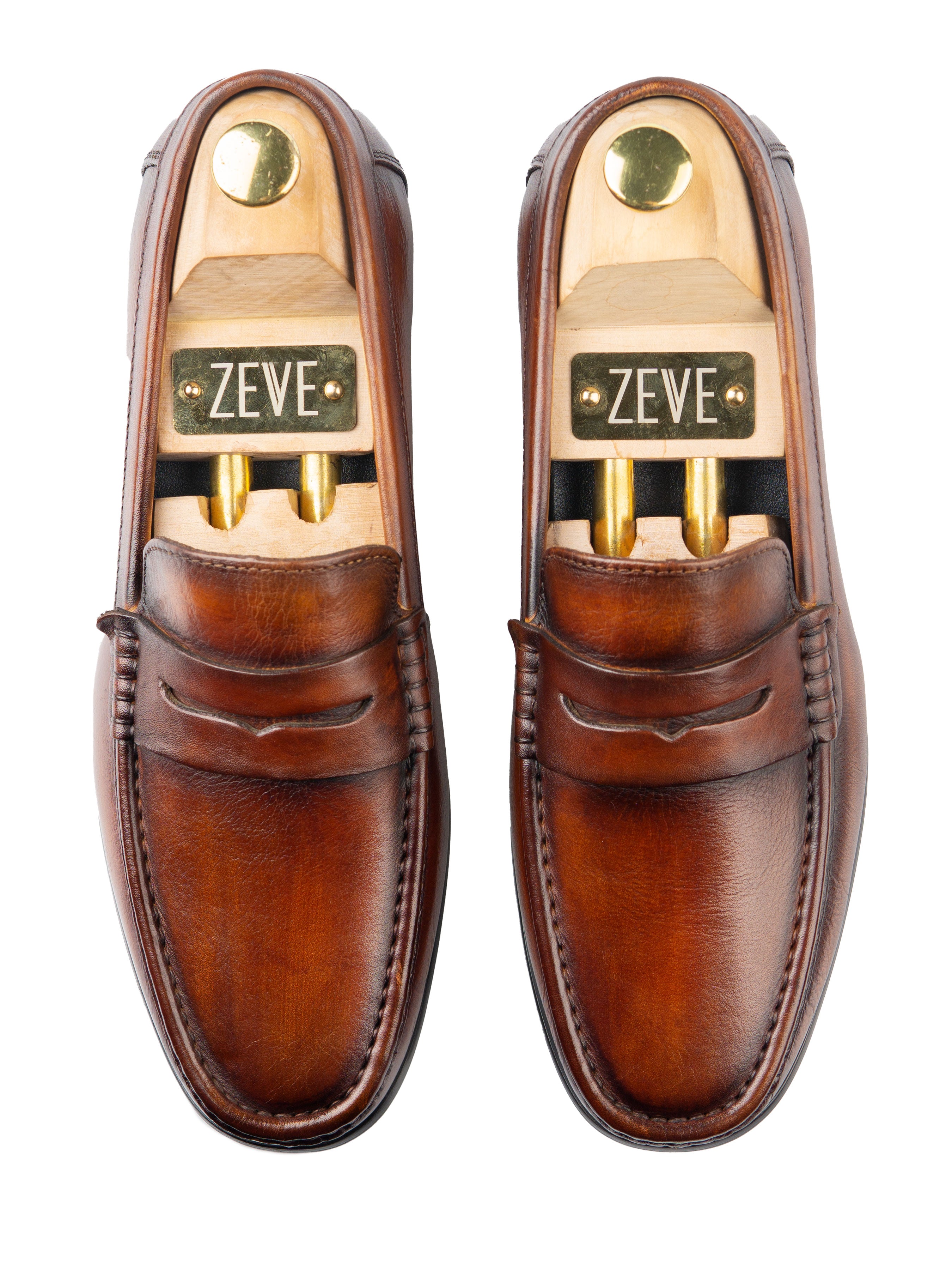 Penny Moccasin Loafer - Cognac Tan (Hand Painted Patina) - Zeve Shoes