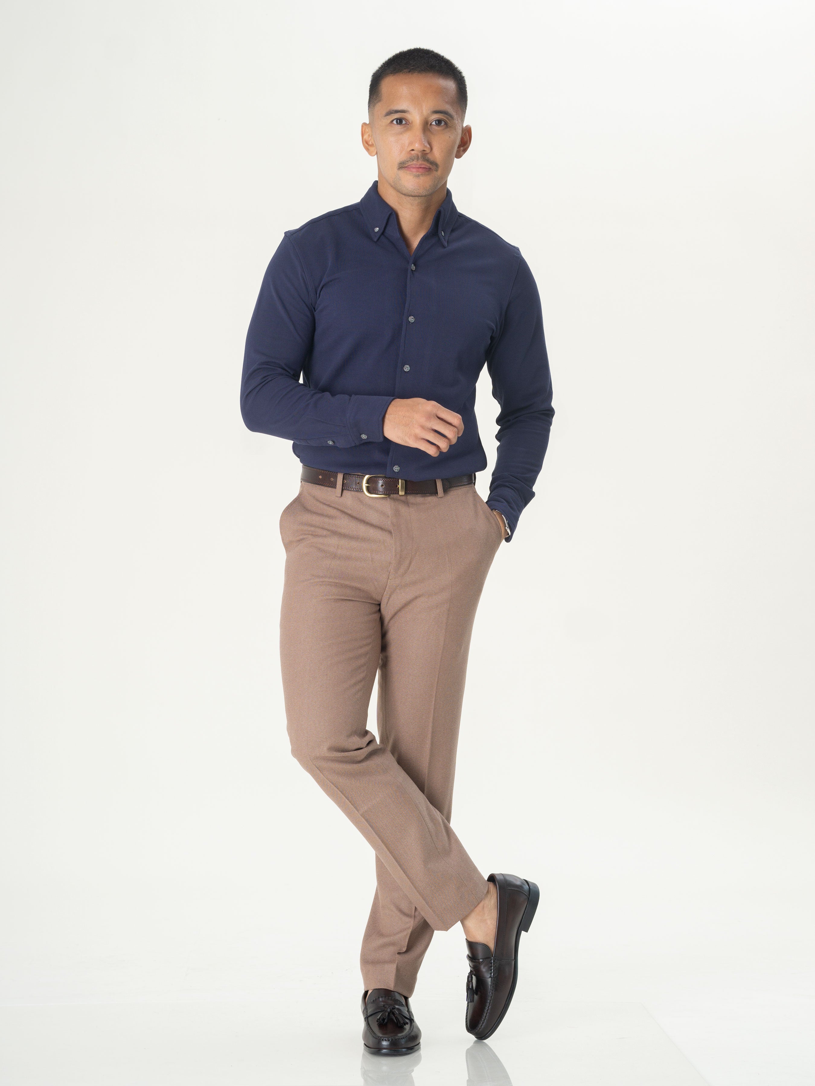 Long Sleeve Polo Shirt- Navy Blue Button Down - Zeve Shoes