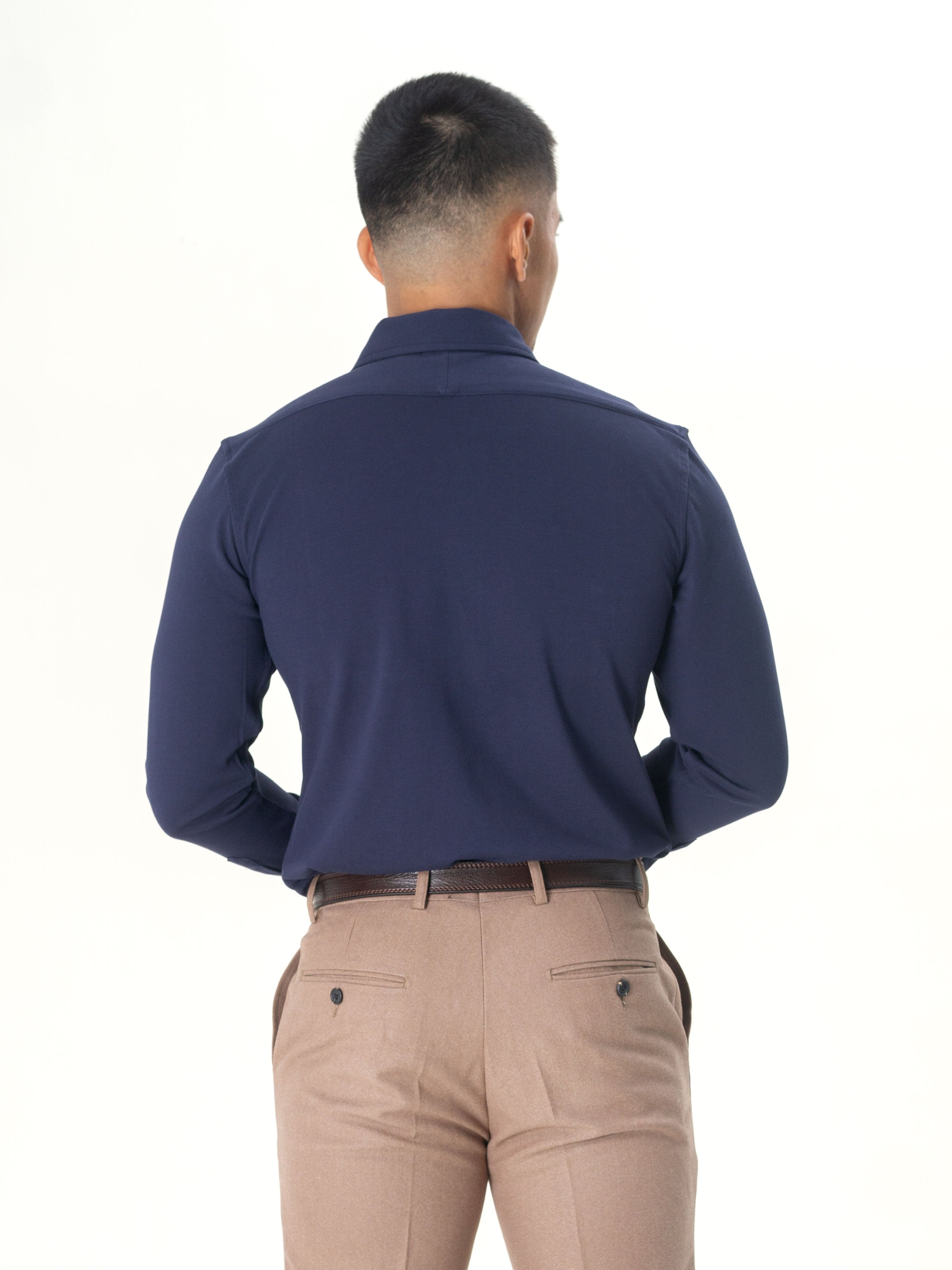 Long Sleeve Polo Shirt- Navy Blue Button Down - Zeve Shoes