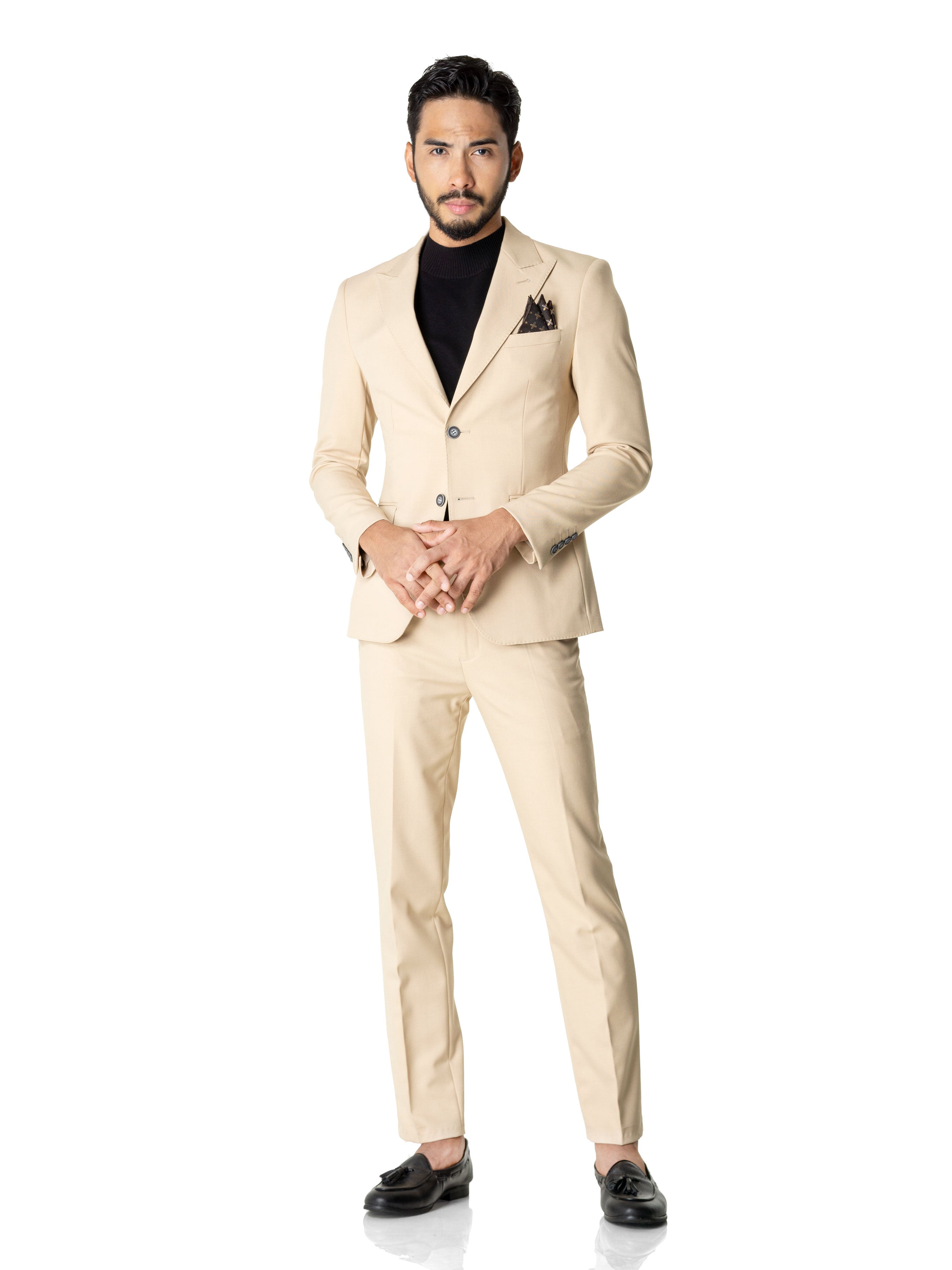 Single Breasted Suit Blazer - Beige Plain (Peak Lapel) - Zeve Shoes
